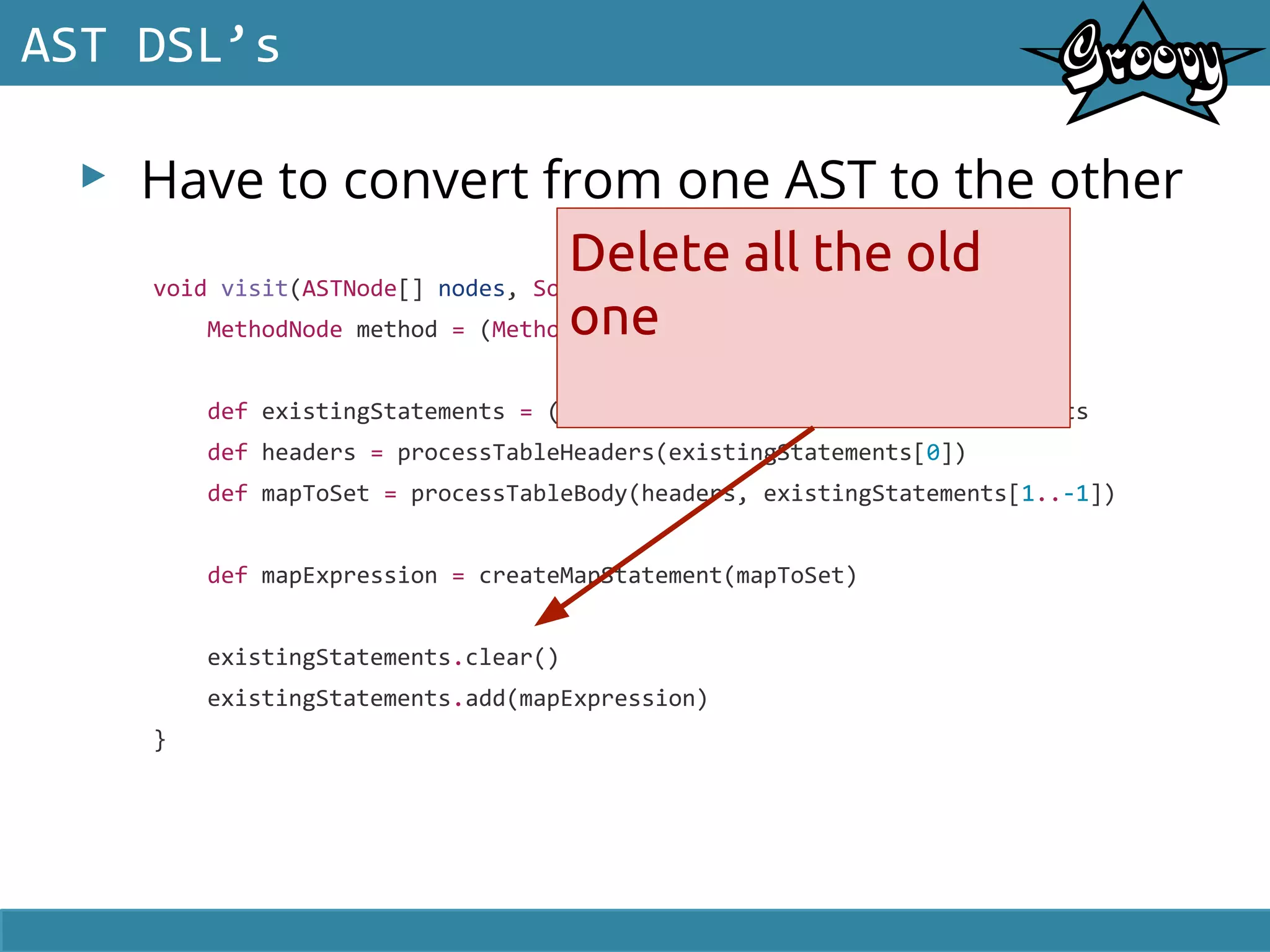 ▸ Have to convert from one AST to the other
AST DSL’s
void visit(ASTNode[] nodes, SourceUnit sourceUnit) {
MethodNode method = (MethodNode) nodes[1]
def existingStatements = ((BlockStatement)method.code).statements
def headers = processTableHeaders(existingStatements[0])
def mapToSet = processTableBody(headers, existingStatements[1..-1])
def mapExpression = createMapStatement(mapToSet)
existingStatements.clear()
existingStatements.add(mapExpression)
}
Delete all the old
one
 