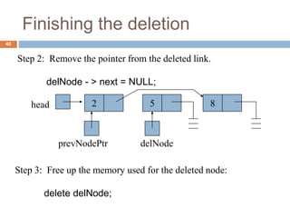 Finishing the deletion
40
Step 2: Remove the pointer from the deleted link.
delNode - > next = NULL;
8
head 2 5
prevNodePtr delNode
Step 3: Free up the memory used for the deleted node:
delete delNode;
 