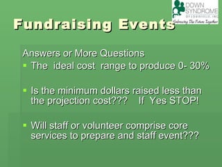 Fundraising Events Answers or More Questions The  ideal cost  range to produce 0- 30% Is the minimum dollars raised less than the projection cost???  If  Yes STOP! Will staff or volunteer comprise core services to prepare and staff event??? 