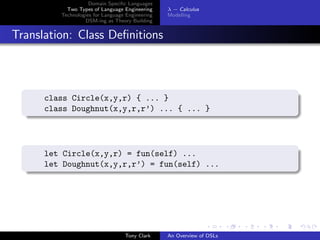 Domain Speciﬁc Languages
           Two Types of Language Engineering     λ − Calculus
         Technologies for Language Engineering   Modelling
                  DSM-ing as Theory Building


Translation: Class Deﬁnitions



      class Circle(x,y,r) { ... }
      class Doughnut(x,y,r,r’) ... { ... }




      let Circle(x,y,r) = fun(self) ...
      let Doughnut(x,y,r,r’) = fun(self) ...




                                  Tony Clark     An Overview of DSLs
 
