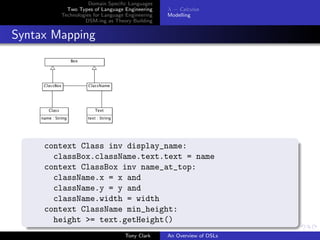 Domain Speciﬁc Languages
          Two Types of Language Engineering     λ − Calculus
        Technologies for Language Engineering   Modelling
                 DSM-ing as Theory Building


Syntax Mapping




     context Class inv display_name:
       classBox.className.text.text = name
     context ClassBox inv name_at_top:
       className.x = x and
       className.y = y and
       className.width = width
     context ClassName min_height:
       height >= text.getHeight()
                                 Tony Clark     An Overview of DSLs
 