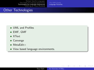 Domain Speciﬁc Languages
          Two Types of Language Engineering     The XMF Family
        Technologies for Language Engineering   Language Factories
                 DSM-ing as Theory Building


Other Technologies



     UML and Proﬁles
     EMF, GMF
     XText
     Converge
     MetaEdit+
     View based language environments.




                                 Tony Clark     An Overview of DSLs
 