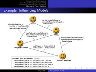 Domain Speciﬁc Languages
          Two Types of Language Engineering
        Technologies for Language Engineering
                 DSM-ing as Theory Building


Example: Inﬂuencing Models




                                 Tony Clark     An Overview of DSLs
 