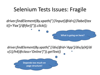Selenium Tests Issues: Fragile
driver.findElement(By.xpath("//input[@id=(//label[tex
t()='Fax']/@for)]")).click();

                                    What is going on here?



driver.findElement(By.xpath("//div[@id='App']/div/p[4]/di
v[1]/h4[@class='Online']")).getText()

          Depends too much on
            page structure!
 