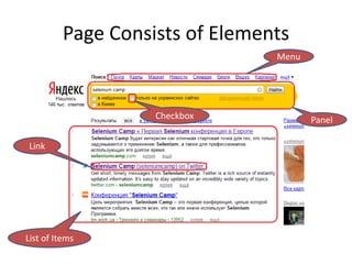 Page Consists of Elements
                                 Menu




                    Checkbox            Panel

Link




List of Items
 