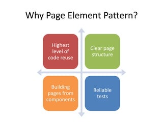 Why Page Element Pattern?

       Highest
                  Clear page
       level of
                   structure
     code reuse




      Building
                   Reliable
     pages from
                    tests
    components
 