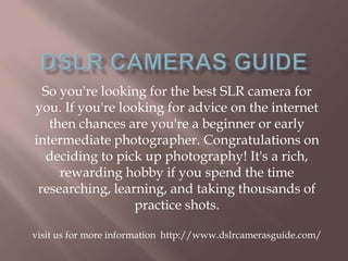 So you're looking for the best SLR camera for
you. If you're looking for advice on the internet
then chances are you're a beginner or early
intermediate photographer. Congratulations on
deciding to pick up photography! It's a rich,
rewarding hobby if you spend the time
researching, learning, and taking thousands of
practice shots.
visit us for more information http://www.dslrcamerasguide.com/
 