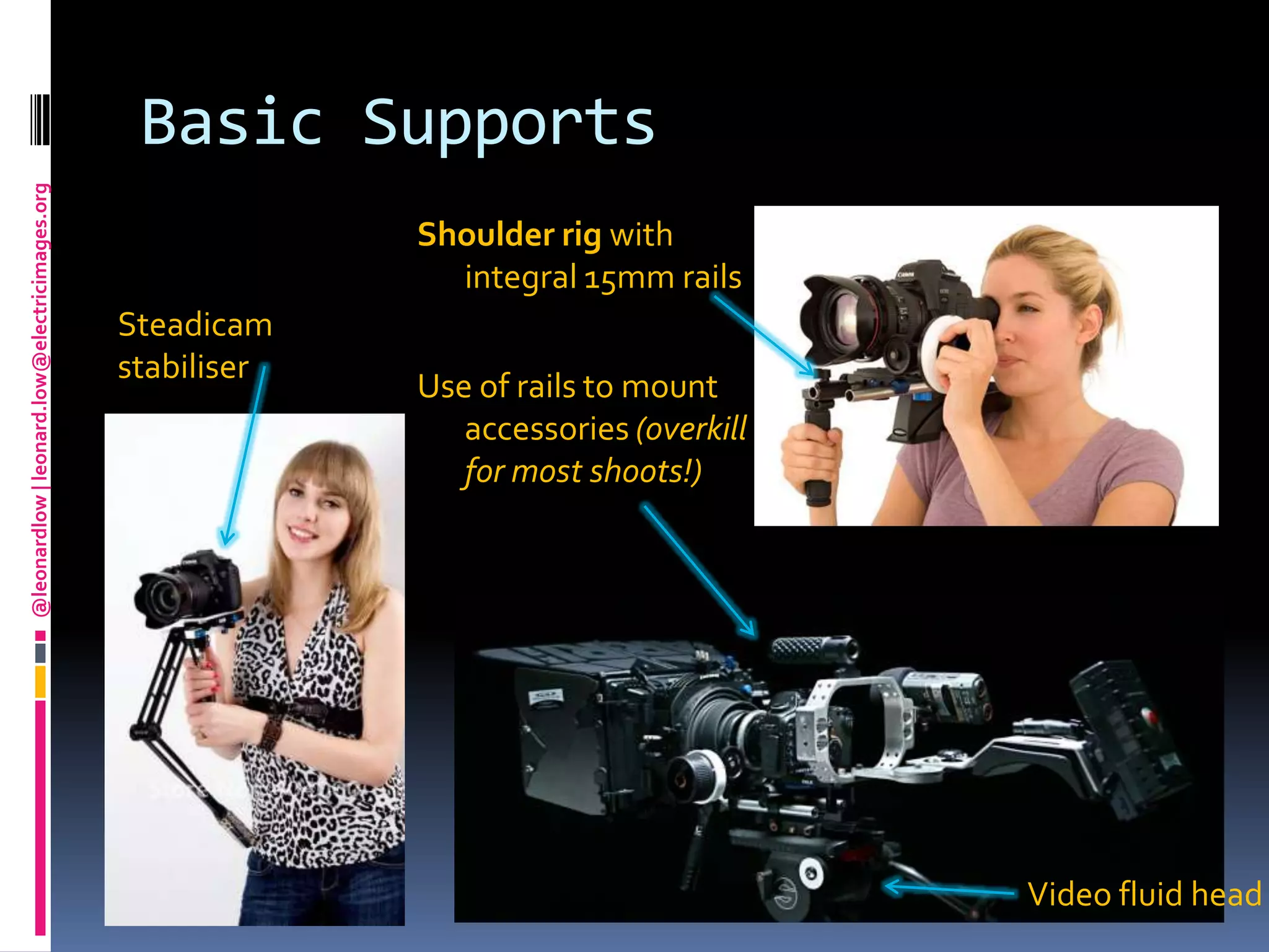 Basic SupportsShoulder rig with integral 15mm railsUse of rails to mount accessories (overkill for most shoots!)Steadicam stabiliserVideo fluid head