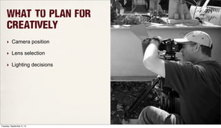 What To Plan for
Creatively
‣ Camera position
‣ Lens selection
‣ Lighting decisions
Tuesday, September 3, 13
 