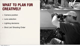 What To Plan for
Creatively
‣ Camera position
‣ Lens selection
‣ Lighting decisions
‣ Shot List/ Shooting Order
Tuesday, September 3, 13
 