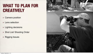 What To Plan for
Creatively
‣ Camera position
‣ Lens selection
‣ Lighting decisions
‣ Shot List/ Shooting Order
‣ Rigging Issues
Tuesday, September 3, 13
 