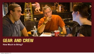 Gear and CREW
How Much to Bring?
Tuesday, September 3, 13
 