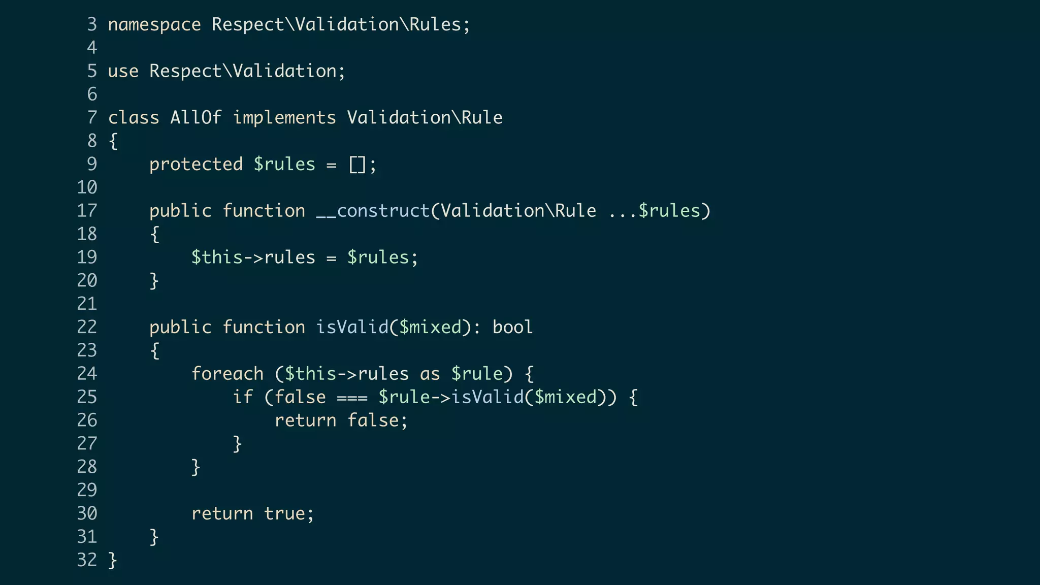 3 namespace RespectValidationRules;
4
5 use RespectValidation;
6
7 class AllOf implements ValidationRule
8 {
9 protected $rules = [];
10
17 public function __construct(ValidationRule ...$rules)
18 {
19 $this->rules = $rules;
20 }
21
22 public function isValid($mixed): bool
23 {
24 foreach ($this->rules as $rule) {
25 if (false === $rule->isValid($mixed)) {
26 return false;
27 }
28 }
29
30 return true;
31 }
32 }
 