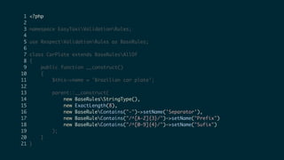 1 <?php
2
3 namespace EasyTaxiValidationRules;
4
5 use RespectValidationRules as BaseRules;
6
7 class CarPlate extends BaseRulesAllOf
8 {
9 public function __construct()
10 {
11 $this->name = 'Brazilian car plate';
12
13 parent::__construct(
14 new BaseRulesStringType(),
15 new ExactLength(8),
16 new BaseRuleContains("-")->setName('Separator'),
17 new BaseRuleContains("/^[A-Z]{3}/")->setName("Prefix")
18 new BaseRuleContains("/^[0-9]{4}/")->setName("Sufix")
19 );
20 }
21 }
 