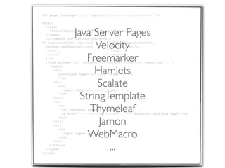 <%@ page language="java" import="captchas.CaptchasDotNet" %>

<html>
  <head>

  </head>       Java Server Pages
    <title>Sample JSP CAPTCHA Query</title>

  <h1>Sample JSP CAPTCHA Query</h1>

                      Velocity
<% CaptchasDotNet captchas = new captchas.CaptchasDotNet(
  request.getSession(true),     // Ensure session
  "demo",                       // client

                    Freemarker
  "secret"                      // secret
  );%>
  <form method="get" action="<%=response.encodeUrl("check.jsp")%>">


                      Hamlets
    <table>
      <tr>
        <td><input name="message" size="60" />


                       Scalate
        </tr>
      <tr>
        <td>
          <input name="password" size="16" />
        </td>
      </tr>
      <tr>
                  StringTemplate
        <td>
                     Thymeleaf
          <%= captchas.image() %><br>
          <a href="<%= captchas.audioUrl() %>">Phonetic spelling (mp3)</a>


                       Jamon
        </td>
      </tr>
      <tr>


                    WebMacro
        <td>
          <input type="submit" value="Submit" />
        </td>
      </tr>
    </table>
  </form>
</html>
                         ...
 