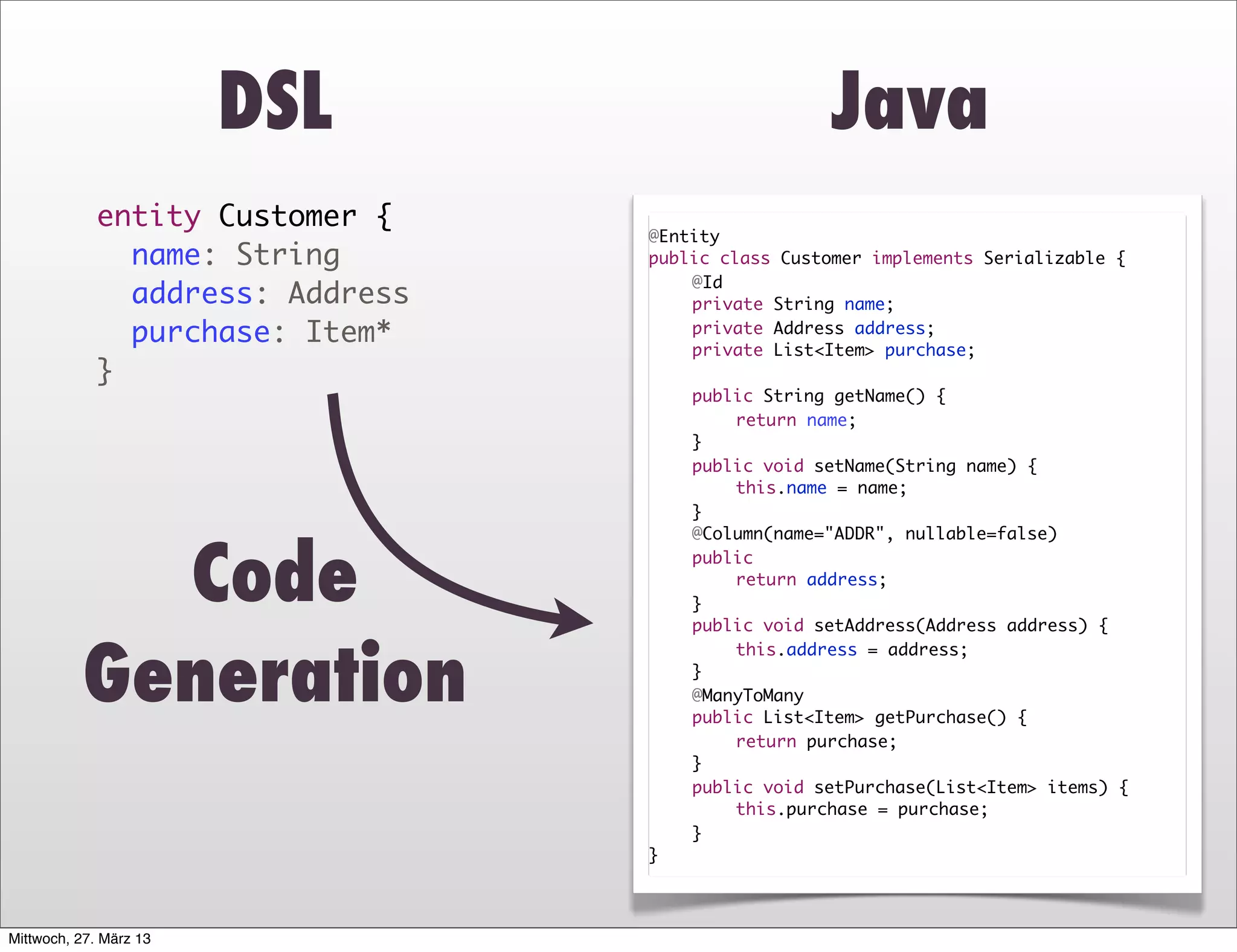 DSL                        Java
            entity Customer {
                                 @Entity
              name: String       public class Customer implements Serializable {
                                 	   @Id
              address: Address   	   private String name;
              purchase: Item*    	
                                 	
                                     private Address address;
                                     private List<Item> purchase;
            }
                                 	   public String getName() {
                                 	   	   return name;
                                 	   }
                                 	   public void setName(String name) {
                                 	   	   this.name = name;
                                 	   }
                                 	   @Column(name="ADDR", nullable=false)


            Code                 	
                                 	
                                 	
                                 	
                                     public Address getAddress() {
                                     	
                                     }
                                         return address;

                                     public void setAddress(Address address) {



          Generation
                                 	   	   this.address = address;
                                 	   }
                                 	   @ManyToMany
                                 	   public List<Item> getPurchase() {
                                 	   	   return purchase;
                                 	   }
                                 	   public void setPurchase(List<Item> items) {
                                 	   	   this.purchase = purchase;
                                 	   }
                                 }



Mittwoch, 27. März 13
 