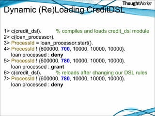 Dynamic (Re)Loading CreditDSL 1> c(credit_dsl).           % compiles and loads credit_dsl module 2> c(loan_processor). 3>  ProcessId  = loan_processor:start(). 4>  ProcessId  ! {600000,  700 , 10000, 10000, 10000}.      loan processed :  deny 5>  ProcessId  ! {600000,  780 , 10000, 10000, 10000}.      loan processed :  grant 6> c(credit_dsl).           % reloads after changing our DSL rules 7>  ProcessId  ! {600000,  780 , 10000, 10000, 10000}.      loan processed :  deny 