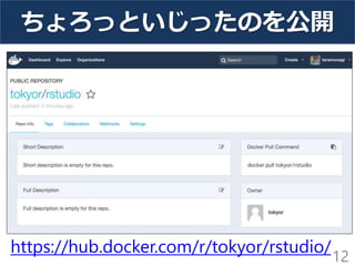 ちょろっといじったのを公開
12
https://hub.docker.com/r/tokyor/rstudio/
 