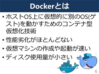 Dockerとは
• ホストOS上に仮想的に別のOS(ゲ
スト)を動かすためのコンテナ型
仮想化技術
• 性能劣化がほとんどない
• 仮想マシンの作成や起動が速い
• ディスク使用量が小さい
6
 