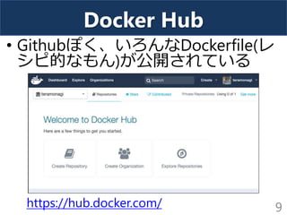 Docker Hub
• Githubぽく、いろんなDockerfile(レ
シピ的なもん)が公開されている
9https://hub.docker.com/
 