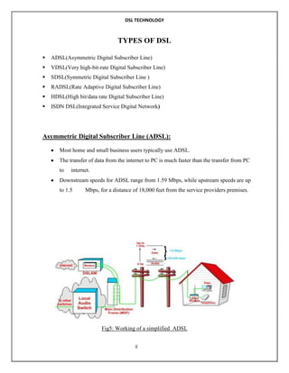 DSL TECHNOLOGY

TYPES OF DSL


ADSL(Asymmetric Digital Subscriber Line)



VDSL(Very high-bit-rate Digital Subscriber Line)



SDSL(Symmetric Digital Subscriber Line )



RADSL(Rate Adaptive Digital Subscriber Line)



HDSL(High bit/data rate Digital Subscriber Line)



ISDN DSL(Integrated Service Digital Network)

Asymmetric Digital Subscriber Line (ADSL):
Most home and small business users typically use ADSL.
The transfer of data from the internet to PC is much faster than the transfer from PC
to

internet.

Downstream speeds for ADSL range from 1.59 Mbps, while upstream speeds are up
to 1.5

Mbps, for a distance of 18,000 feet from the service providers premises.

Fig5: Working of a simplified ADSL
8

 