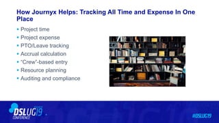 How Journyx Helps: Tracking All Time and Expense In One
Place
 Project time
 Project expense
 PTO/Leave tracking
 Accrual calculation
 “Crew”-based entry
 Resource planning
 Auditing and compliance
 