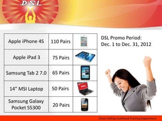 DSL Promo Period:
Apple iPhone 4S     110 Pairs
                                Dec. 1 to Dec. 31, 2012

  Apple iPad 3      75 Pairs

Samsung Tab 2 7.0   65 Pairs

 14” MSI Laptop     50 Pairs

Samsung Galaxy
 Pocket S5300       20 Pairs
 