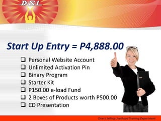 Start Up Entry = P4,888.00
      Personal Website Account
      Unlimited Activation Pin
      Binary Program
      Starter Kit
      P150.00 e-load Fund
      2 Boxes of Products worth P500.00
      CD Presentation
 