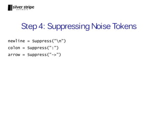Step 4: Suppressing Noise Tokens
newline = Suppress("n")
colon = Suppress(":")
arrow = Suppress("->")
 