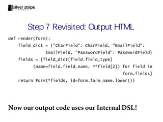 Step 7 Revisited: Output HTML
def render(form):
    field_dict = {"CharField": CharField, "EmailField":
               EmailField, "PasswordField": PasswordField}
    fields = [field_dict[field.field_type]
          (name=field.field_name, **field[2]) for field in
                                              form.fields]
    return Form(*fields, id=form.form_name.lower())




Now our output code uses our Internal DSL!
 