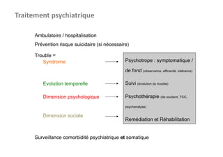 Traitement	
  psychiatrique	
  	
  

        Ambulatoire / hospitalisation
        Prévention risque suicidaire (si nécessaire)

        Trouble =
           Syndrome                               Psychotrope : symptomatique /

                                                  de fond (observance, efficacité, tolérance)

           Evolution temporelle                   Suivi (évolution du trouble)

           Dimension psychologique                Psychothérapie (de soutient, TCC,

                                                  psychanalyse)

           Dimension sociale
                                                  Remédiation et Réhabilitation


        Surveillance comorbidité psychiatrique et somatique
 
