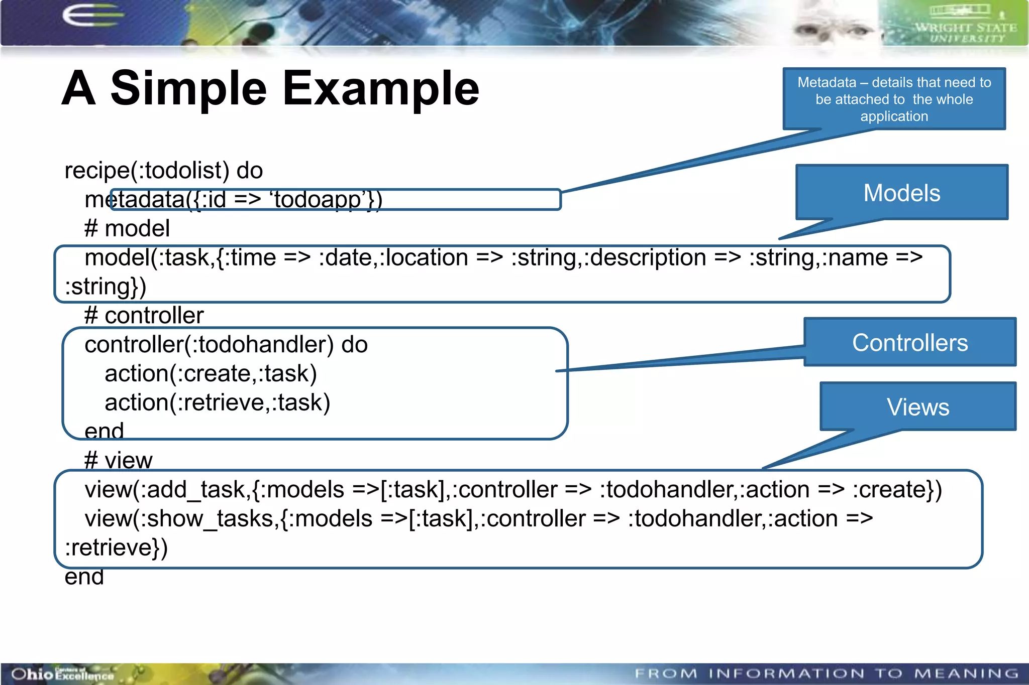 A Simple Example                                                        Metadata – details that need to
                                                                          be attached to the whole
                                                                                 application



recipe(:todolist) do
  metadata({:id => „todoapp‟})                                                 Models
  # model
  model(:task,{:time => :date,:location => :string,:description => :string,:name =>
:string})
  # controller
  controller(:todohandler) do                                                 Controllers
     action(:create,:task)
     action(:retrieve,:task)                                                    Views
  end
  # view
  view(:add_task,{:models =>[:task],:controller => :todohandler,:action => :create})
  view(:show_tasks,{:models =>[:task],:controller => :todohandler,:action =>
:retrieve})
end
 