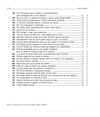 I.P.D.E.- - - - - - - - - - - - - - - - - - - - - - - - - - - - - MóDULO DSM-IV
49. Con frecuencia busco consejos o recomendaciones
sobre decisiones de la vida cotidiana.........................................................................................V F
50. Para caer bien a la gente me ofrezco a realizar tareas desagradables...........................V F
51. Tengo miedo de ponerme en ridículo ante gente conocida.............................................V F
52. A menudo confundo objetos o sombras con gente...........................................................V F
53. Soy muy emocional y caprichoso...............................................................................................V F
54. Me resulta difícil acostumbrarme a hacer cosas nuevas.....................................................V F
55. Sueño con ser famoso.....................................................................................................................V F
56. Me arriesgo y hago cosas temerarias.........................................................................................V F
57. Todo el mundo necesita uno o dos amigos para ser feliz.................................................V F
58. Descubro amenazas ocultas en lo que me dicen algunas personas.................................V F
59. Normalmente trato de que la gente haga las cosas a mi manera...................................V F
60. Cuando estoy estresado las cosas que me rodean no me parecen reales...................V F
61. Me enfado cuando la gente no quiere hacer lo que le pido...........................................V F
,¡;_·
62. Cuando finaliza una relación, tengo que empezar otra rápidamente.............................V F
63. Evito las actividades que no me resulten familiares
para no sentirme molesto tratando de hacerlas.....................................................................V F
64. A la gente le resulta difícil saber claramente qué estoy diciendo.................................V F
65. Prefiero asociarme con gente de talento.................................................................................V F
66. He sido víctima de ataques injustos sobre mi carácter o mi reputación.....................V F
67. No suelo mostrar emoción...........................................................................................................V F
68. Hago cosas para que la gente me admire.................................................................................V F
69. Suelo ser capaz de iniciar mis propios proyectos.................................................................V F
70. La gente piensa que soy extraño o excéntrico.......................................................................V F
71. Me siento cómodo en situaciones sociales.............................................................................V F
72. Mantengo rencores contra la gente durante años...............................................................V F
73. Me resulta difícil no estar de acuerdo con la personas de las que dependo.............V F
74. Me resulta difícil no meterme en líos.......................................................................................V F
75. Llego al extremo para evitar que la gente me deje...............................................................V F
76. Cuando conozco a alguien no hablo mucho...........................................................................V F
77. Tengo amigos íntimos.....................................................................................................................V F
HOJA 3 -CUESTIONARIO DE EVALUACIÓN IPDE - MóDULO DSM-IV
 