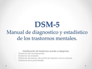 DSM-5
Manual de diagnostico y estadístico
de los trastornos mentales.
Clasificación de trastornos acorde a categorías:
- Trastornos del neurodesarrollo
- Trastornos de ansiedad
- Trastornos disruptivos, del control de impulsos y de la conducta.
- Trastornos de la personalidad.
 