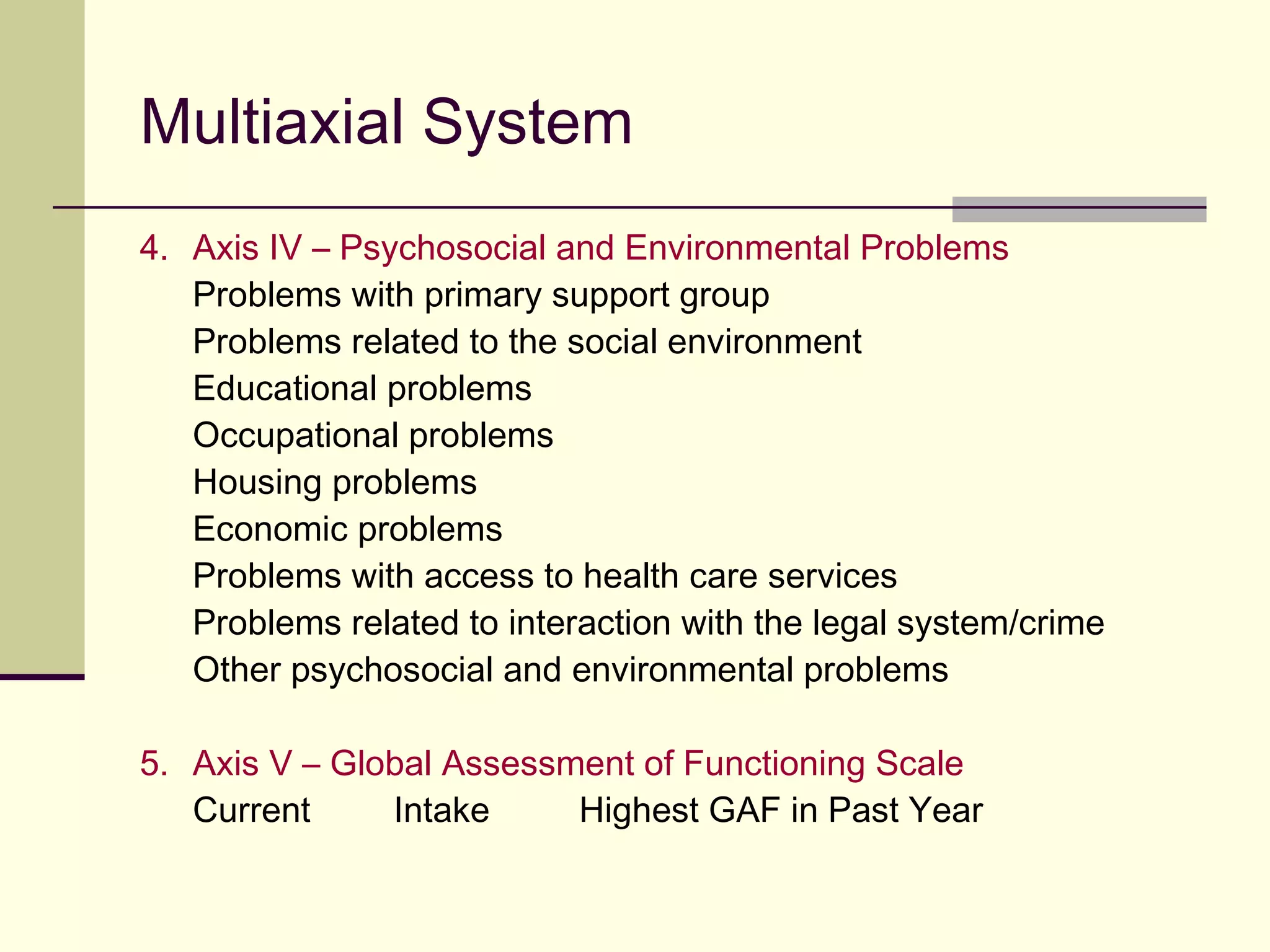 History of the DSM
 1840 1 Dx – U.S. Census – Idiocy/Insanity
 Also in the 1840s, southern alienists discovered
a malady called Drapetomania - the
inexplicable, mad longing of a slave for
freedom.
 1880 7 Dx’s – U.S. Census
 Mania – mostly as defined today, a condition
characterized by severely elevated mood.
 Melancholia – would be noted as depression today.
 Monomania - Pathological obsession with a single
subject or idea. Excessive concentration of interest
upon one particular subject or idea. The difference
between monomania and passion can be very subtle
and difficult to recognize.
 Paresis – general or partial paralysis. (This would not
be the last time that a physical affliction crept into the
psychological arena; among the disorders described in
the DSM-IV –TR is snoring, or Breathing Related
Sleep Disorder 780.59, pp. 615-622).
 Dementia – as described today as characterized by
multiple cognitive deficits that include impairment in
memory (most common Alzheimer's).
 Dipsomania - An insatiable craving for alcoholic
beverages.
 Epilepsy
 