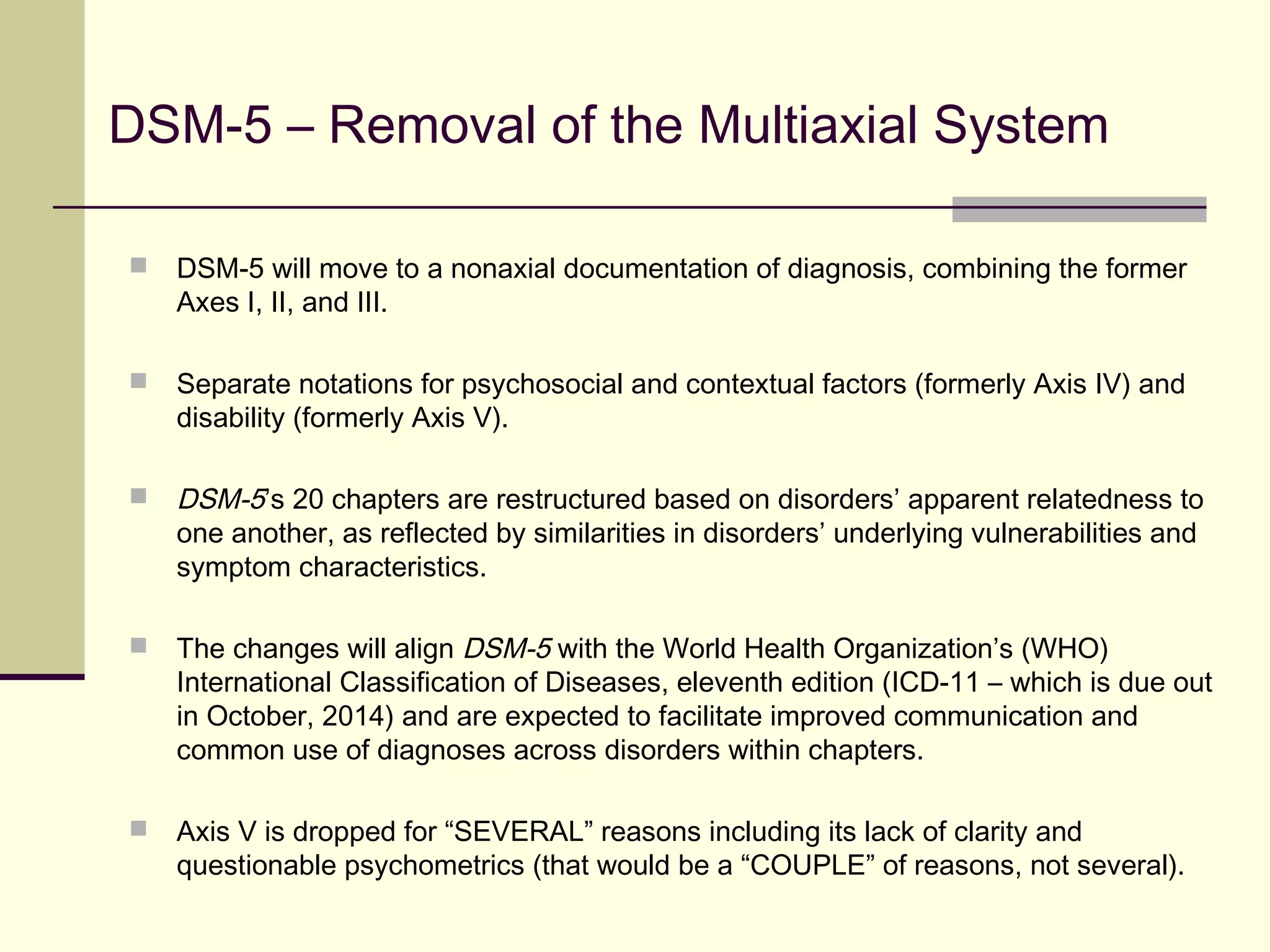 History of the DSM
 1940 – 26 Dx's (ICD-6; WHO)
 Which took its nomenclature from the US Army and
Veterans Administration nomenclature. The WHO
system included 10 categories for psychoses, 9 for
psychoneuroses, and 7 for disorders of character,
behavior, and intelligence)
 1952 DSM – 106 Dx’s
 DSM-I included 3 categories of psychopathology:
organic brain syndromes, functional disorders, and
mental deficiency.  These categories contained 106
diagnoses.  Only one diagnosis, Adjustment
Reaction of Childhood/Adolescence, could be
applied to children.
 1968 DSM-II – 185 Dx’s (revised DSM-II, 1974)
 It had 11 major diagnostic categories.  Increased
attention was given to the problems of children and
adolescence with the categorical addition of Behavior
Disorders of Childhood-Adolescence. 
 This category included Hyperkinetic Reaction,
Withdrawing Reaction, Overanxious Reaction,
Runaway Reaction, Unsocialized Aggressive
Reaction, and Group Delinquent Reaction.
 