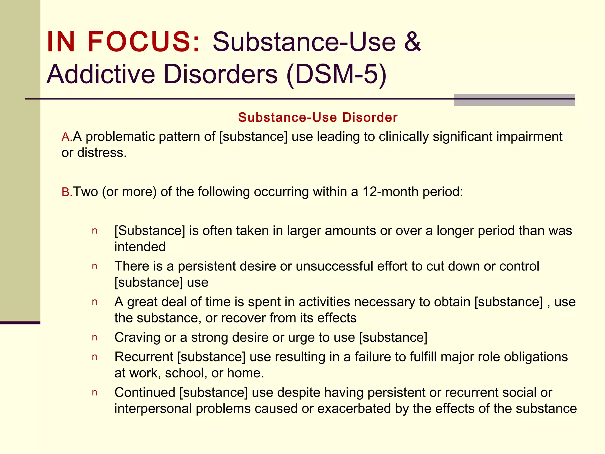 History of the DSM
 1980 DSM-III – 265 Dx’s (roughly coincided with
ICD-9 which came out in 1979).
 DSM-III included multiaxial system.
 Explicit diagnostic criteria.
 Descriptive approach neutral to etiology theory.
 Unlike its predecessors, DSM-III was based on
scientific evidence.  Its reliability was improved
with the addition of explicit diagnostic criteria and
structured interviews. 
 Although ICD and DSM were similar in terms of
criteria, their codes were very different.
 1987 DSM-III-R – 297 Dx’s
 Occurred because DSM-III revealed a number of
inconsistencies in the system and a number of
instances in which the criteria were not entirely
clear.
 1994 DSM-IV – 365 Dx’s – (ICD 10)
 DSM-III nomenclature allowed more precise
research of disorders for the DSM-IV and DSM-
IV-TR.
 2000 DSM-IV-TR – 365 Dx’s
 