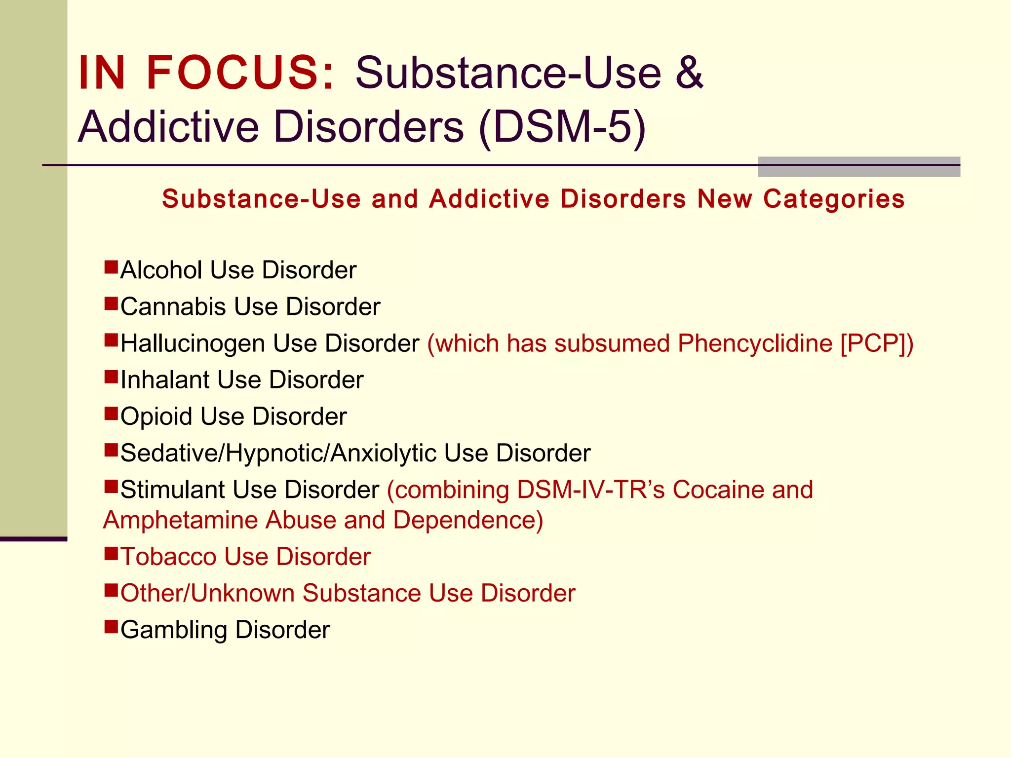 IN FOCUS: Substance-Use &
Addictive Disorders (DSM-5)
Substance-Use Disorder 
A. A problematic pattern of [substance] use leading to clinically significant impairment or
distress.
B. Two (or more) of the following occurring within a 12-month period:
1. [Substance] is often taken in larger amounts or over a longer period than was
intended
2. There is a persistent desire or unsuccessful effort to cut down or control [substance]
use
3. A great deal of time is spent in activities necessary to obtain [substance] , use the
substance, or recover from its effects
4. Craving or a strong desire or urge to use [substance]
5. Recurrent [substance] use resulting in a failure to fulfill major role obligations at
work, school, or home.
6. Continued [substance] use despite having persistent or recurrent social or
interpersonal problems caused or exacerbated by the effects of the substance
 