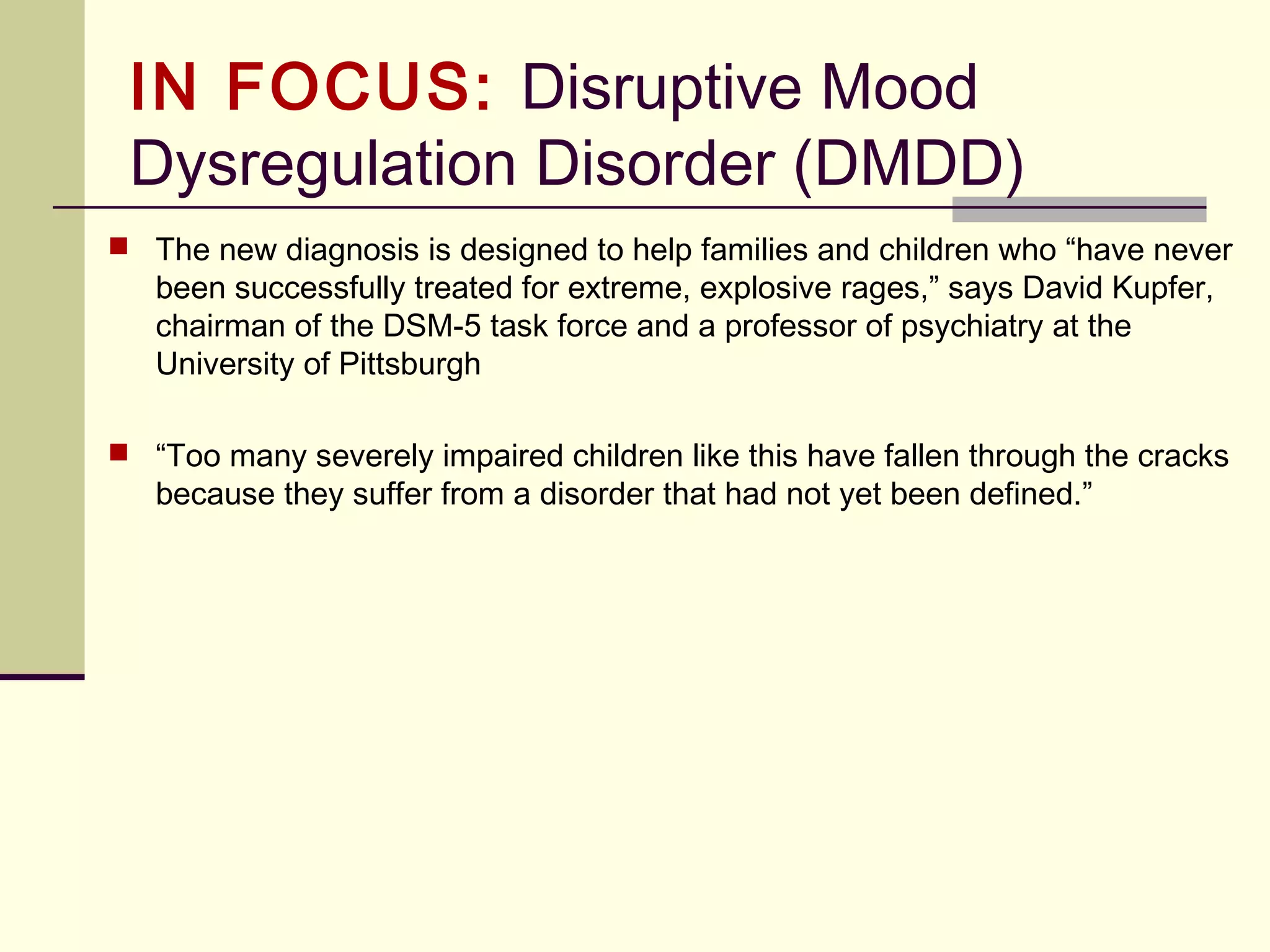 IN FOCUS: Substance-Use &
Addictive Disorders (DSM-5)
Substance-Use Disorder (Legal Problems – OUT; Cravings – IN)
Craving is defined as a strong desire for a substance, usually a specific
substance. It is a common clinical symptom, tending to be present on the severe
end of the severity spectrum. It has been variously defined as a trait with a time
component (present or recent past) or as a lifetime component (ever experienced
in your life).
Brain imaging studies have demonstrated subjective craving precipitated by
drug-related cues and correlated with increased activity (blood flow) and
dopamine release (PET study) in specific parts of the brain reward system.
Recurrent substance-related legal problems (e.g., arrests for substance related
disorderly conduct). DSM-5 aggregate research all indicate that the legal
problems criterion has an extremely low prevalence relative to other criteria, and
its removal from the diagnosis has very little effect on the prevalence of
substance use disorders while adding little information to the diagnoses in the
aggregate. 
 