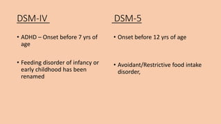 DSM-IV DSM-5
• ADHD – Onset before 7 yrs of
age
• Feeding disorder of infancy or
early childhood has been
renamed
• Onset before 12 yrs of age
• Avoidant/Restrictive food intake
disorder,
 