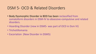 DSM 5- OCD & Related Disorders
• Body Dysmorphic Disorder ie BDD has been reclassified from
somatoform disorders in DSM-IV to obsessive-compulsive and related
disorders.
• Hoarding Disorder (new in DSM5- was part of OCD in Dsm IV)
• Trichotillomania
• Excoriation (New Disorder in DSM5)
 