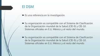 El DSM
 Es una referencia en la investigación.
 Su organización es compatible con el Sistema de Clasificación
de la Organización mundial de la Salud (CIE-9) y CIE-10.
Sistemas oficiales en E.U, México y el resto del mundo.
 Su organización es compatible con el Sistema de Clasificación
de la Organización mundial de la Salud (CIE-9) y CIE-10.
Sistemas oficiales en E.U, México y el resto del mundo
 