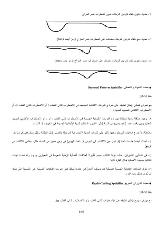 107
B-‫ﺸﻔﺎﺀ‬ ‫ﺒﺩﻭﻥ‬ ،‫ﻤﻌﺎﻭﺩ‬‫ﺍﻟﻤﺯﺍﺝ‬ ‫ﻋﺴﺭ‬ ‫ﺍﻀﻁﺭﺍﺏ‬ ‫ﺒﺩﻭﻥ‬ ،‫ﺍﻟﻨﻭﺒﺎﺕ‬ ‫ﺒﻴﻥ‬ ‫ﺘﺎﻡ‬
C-‫ﺝ‬ ‫ﺍﻟﻤ‬ ‫ﻋﺴﺭ‬ ‫ﺍﻀﻁﺭﺍﺏ‬ ‫ﻋﻠﻰ‬ ‫ﻤﻀﺎﻑ‬ ،‫ﺍﻟﻨﻭﺒﺎﺕ‬ ‫ﺒﻴﻥ‬ ‫ﺘﺎﻡ‬ ‫ﺸﻔﺎﺀ‬ ‫ﻤﻊ‬ ،‫ﻤﻌﺎﻭﺩ‬)‫ﹰ‬‫ﺎ‬‫ﺃﻴﻀ‬ ‫ﺯ‬‫ﻤ‬‫ﺭ‬300.4( ‫ﺯﺍ‬
D-‫ﺍﻟﻤﺯﺍﺝ‬ ‫ﻋﺴﺭ‬ ‫ﺍﻀﻁﺭﺍﺏ‬ ‫ﻋﻠﻰ‬ ‫ﻤﻀﺎﻑ‬ ،‫ﺍﻟﻨﻭﺒﺎﺕ‬ ‫ﺒﻴﻥ‬ ‫ﺘﺎﻡ‬ ‫ﺸﻔﺎﺀ‬ ‫ﺒﺩﻭﻥ‬ ،‫ﻤﻌﺎﻭﺩ‬)‫ﹰ‬‫ﺎ‬‫ﺃﻴﻀ‬ ‫ﺯ‬‫ﻤ‬‫ﺭ‬300.4(
■‫ﺍﻟﻔﺼﻠﻲ‬ ‫ﺍﻟﻨﻤﻭﺫﺝ‬ ‫ﺩ‬‫ﺩ‬‫ﻤﺤ‬Seasonal Pattern Speicifier
‫ﻤﺤﺩﺩ‬ ‫ﻭﻗﺕ‬ ‫ﻭﺒﻴﻥ‬ ‫ﺍﻟﻤﻌﺎﻭﺩ‬)‫ﻤﺨﺼﻭﺹ‬(‫ﺍﻟﺴﻨﺔ‬ ‫ﻤﻥ‬)‫ﺍﻟﺸﺘﺎﺀ‬ ‫ﺃﻭ‬ ‫ﺍﻟﺨﺭﻴﻑ‬ ‫ﻓﻲ‬ ‫ﺍﻟﺠﺴﻴﻤﺔ‬ ‫ﺍﻻﻜﺘﺌﺎﺒﻴﺔ‬ ‫ﻟﻠﻨﻭﺒﺔ‬ ‫ﺍﻟﻤﻨﺘﻅﻡ‬ ‫ﺍﻟﻅﻬﻭﺭ‬ ،‫ﻤﺜل‬.(
‫ﺒﺎﻟﻔﺼل‬ ‫ﺍﻟﻤﺭﺘﺒﻁﺔ‬ ‫ﺍﻻﺠﺘﻤﺎﻋﻴﺔ‬ ‫ﺍﻟﻨﻔﺴﻴﺔ‬ ‫ﻟﻠﺸﺩﺍﺕ‬ ‫ﺠﻠﻲ‬ ‫ﺘﺄﺜﻴﺭ‬ ‫ﻓﻴﻬﺎ‬ ‫ﻴﻜﻭﻥ‬ ‫ﺍﻟﺘﻲ‬ ‫ﺍﻟﺤﺎﻻﺕ‬ ‫ِﺝ‬‫ﺭ‬‫ﹸﺩ‬‫ﺘ‬ ‫ﻻ‬)‫ﺍﻟﺒ‬ ‫ﻤﺜل‬‫ﺸﺘﺎﺀ‬ ‫ﻜل‬ ‫ﻓﻲ‬ ‫ﻤﻨﺘﻅﻡ‬ ‫ﺒﺸﻜل‬ ‫ﻁﺎﻟﺔ‬.(
‫ﺫﺍﺘﻬﺎ‬ ‫ﺍﻟﻔﺘﺭﺓ‬ ‫ل‬.
‫ﻋﻼﻩ‬(‫ﻴﻤﻜﻥ‬ ‫ﺍﻟﺘﻲ‬ ‫ﺍﻟﻔﺼﻠﻴﺔ‬ ‫ﻏﻴﺭ‬ ‫ﺍﻟﺠﺴﻴﻤﺔ‬ ‫ﺍﻻﻜﺘﺌﺎﺒﻴﺔ‬ ‫ﺍﻟﻨﻭﺒﺎﺕ‬ ‫ﻜﺒﻴﺭ‬ ‫ﺒﺸﻜل‬ ‫ﻋﺩﺩﻫﺎ‬ ‫ﻓﻲ‬
‫ﺍﻟﻔﺭﺩ‬ ‫ﺤﻴﺎﺓ‬ ‫ﺨﻼل‬ ‫ﺘﻜﻭﻥ‬ ‫ﺃﻥ‬.
■‫ﺍﻟﺴﺭﻴﻊ‬ ‫ﺍﻟﺩﻭﺭﺍﻥ‬ ‫ﺩ‬‫ﺩ‬‫ﻤﺤ‬Rapid-Cycling Speicifier
‫ﻜﺎﻥ‬ ‫ﺇﺫﺍ‬ ‫ﺩ‬‫ﺩ‬‫ﺤ‬:
‫ﻊ‬)‫ﺍﻟﻘﻁﺏ‬ ‫ﺜﻨﺎﺌﻲ‬ ‫ﺍﻻﻀﻁﺭﺍﺏ‬ ‫ﻋﻠﻰ‬ ‫ﺘﻁﺒﻴﻘﻪ‬ ‫ﻴﻤﻜﻥ‬I‫ﺍﻟﻘﻁﺏ‬ ‫ﺜﻨﺎﺌﻲ‬ ‫ﺍﻻﻀﻁﺭﺍﺏ‬ ‫ﺃﻭ‬II.(
‫ﻜﺎﻥ‬ ‫ﺇﺫﺍ‬ ‫ﺩ‬‫ﺩ‬‫ﺤ‬:
‫ﻓﺼﻠﻲ‬ ‫ﻨﻤﻭﺫﺝ‬ ‫ﻤﻊ‬)‫ﺍﻟﻘﻁﺏ‬ ‫ﺜﻨﺎﺌﻲ‬ ‫ﺍﻻﻀﻁﺭﺍﺏ‬ ‫ﻓﻲ‬ ‫ﺍﻟﺠﺴﻴﻤﺔ‬ ‫ﺍﻻﻜﺘﺌﺎﺒﻴﺔ‬ ‫ﺍﻟﻨﻭﺒﺎﺕ‬ ‫ﻨﻤﻭﺫﺝ‬ ‫ﻋﻠﻰ‬ ‫ﺘﻁﺒﻴﻘﻪ‬ ‫ﻴﻤﻜﻥ‬I‫ﺍﻟﻘﻁﺏ‬ ‫ﺜﻨﺎﺌﻲ‬ ‫ﺍﻻﻀﻁﺭﺍﺏ‬ ‫ﺃﻭ‬II‫ﺃﻭ‬ ،
‫ﺍﻟﻤﻌﺎﻭﺩ‬ ،‫ﺍﻟﺠﺴﻴﻡ‬ ‫ﺍﻻﻜﺘﺌﺎﺒﻲ‬ ‫ﺍﻻﻀﻁﺭﺍﺏ‬.(
A-‫ﺜﻨﺎ‬ ‫ﺍﻻﻀﻁﺭﺍﺏ‬ ‫ﻓﻲ‬ ‫ﺍﻟﺠﺴﻴﻤﺔ‬ ‫ﺍﻻﻜﺘﺌﺎﺒﻴﺔ‬ ‫ﺍﻟﻨﻭﺒﺎﺕ‬ ‫ﺒﺩﺀ‬ ‫ﺒﻴﻥ‬ ‫ﻤﻨﺘﻅﻤﺔ‬ ‫ﺯﻤﻨﻴﺔ‬ ‫ﻋﻼﻗﺔ‬ ‫ﻭﺠﻭﺩ‬‫ﺍﻟﻘﻁﺏ‬ ‫ﺌﻲ‬I‫ﺃﻭ‬II،‫ﺍﻟﺠﺴﻴﻡ‬ ‫ﺍﻻﻜﺘﺌﺎﺒﻲ‬ ‫ﺍﻻﻀﻁﺭﺍﺏ‬ ‫ﺃﻭ‬
‫ﻤﻼﺤﻅﺔ‬:
B-‫ﺘﺎﻤﺔ‬ ‫ﻫﺩﺀﺍﺕ‬ ‫ﹰ‬‫ﺎ‬‫ﺃﻴﻀ‬ ‫ﺘﺤﺩﺙ‬)‫ﺍﻟﻬﻭﺱ‬ ‫ﺘﺤﺕ‬ ‫ﺃﻭ‬ ‫ﺍﻟﻬﻭﺱ‬ ‫ﺇﻟﻰ‬ ‫ﺍﻻﻜﺘﺌﺎﺏ‬ ‫ﻤﻥ‬ ‫ﺘﺒﺩل‬ ‫ﺃﻭ‬(‫ﻓﻲ‬ ‫ﺍﻻﻜﺘﺌﺎﺏ‬ ‫ﻴﺨﺘﻔﻲ‬ ،‫ﻤﺜﺎل‬ ،‫ﺍﻟﺴﻨﺔ‬ ‫ﻤﻥ‬ ‫ﻤﻤﻴﺯ‬ ‫ﺯﻤﻥ‬ ‫ﻓﻲ‬
‫ﺍﻟﺭﺒﻴﻊ‬.(
C-‫ﺍﻟﻤﻌﻴﺎﺭﻴﻥ‬ ‫ﻓﻲ‬ ‫ﻓﺔ‬‫ﺭ‬‫ﺍﻟﻤﻌ‬ ‫ﺍﻟﺯﻤﻨﻴﺔ‬ ‫ﺍﻟﻔﺼﻠﻴﺔ‬ ‫ﺍﻟﻌﻼﻗﺎﺕ‬ ‫ﺃﻅﻬﺭﺘﺎ‬ ‫ﺠﺴﻴﻡ‬ ‫ﺍﻜﺘﺌﺎﺏ‬ ‫ﻨﻭﺒﺘﺎ‬ ‫ﺤﺩﺜﺕ‬ ،‫ﺍﻷﺨﻴﺭﺘﻴﻥ‬ ‫ﺍﻟﺴﻨﺘﻴﻥ‬ ‫ﻓﻲ‬A‫ﻭ‬B‫ﻨﻭﺒﺎﺕ‬ ‫ﺘﺤﺩﺙ‬ ‫ﻭﻟﻡ‬
‫ﺨﻼ‬ ‫ﻻﻓﺼﻠﻴﺔ‬ ‫ﺠﺴﻴﻤﺔ‬ ‫ﺍﻜﺘﺌﺎﺒﻴﺔ‬
D-‫ﺍﻟﻔﺼﻠﻴﺔ‬ ‫ﺍﻟﺠﺴﻴﻤﺔ‬ ‫ﺍﻻﻜﺘﺌﺎﺒﻴﺔ‬ ‫ﺍﻟﻨﻭﺒﺎﺕ‬ ‫ﺘﻔﻭﻕ‬)‫ﺃ‬ ‫ﻭﺼﻔﺕ‬ ‫ﻤﺎ‬
‫ﺴﺭﻴ‬ ‫ﺩﻭﺭﺍﻥ‬ ‫ﻤﻊ‬
 