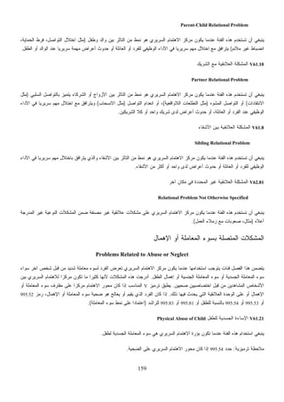 159
Parent-Child Relational Problem
‫ﺍﻻﻫﺘﻤ‬ ‫ﻤﺭﻜﺯ‬ ‫ﻴﻜﻭﻥ‬ ‫ﻋﻨﺩﻤﺎ‬ ‫ﺍﻟﻔﺌﺔ‬ ‫ﻫﺫﻩ‬ ‫ﹸﺴﺘﺨﺩﻡ‬‫ﺘ‬ ‫ﺃﻥ‬ ‫ﻴﻨﺒﻐﻲ‬‫ﻭﻁﻔل‬ ‫ﻭﺍﻟﺩ‬ ‫ﺒﻴﻥ‬ ‫ﺍﻟﺘﺂﺜﺭ‬ ‫ﻤﻥ‬ ‫ﻨﻤﻁ‬ ‫ﻫﻭ‬ ‫ﺍﻟﺴﺭﻴﺭﻱ‬ ‫ﺎﻡ‬)،‫ﺍﻟﺤﻤﺎﻴﺔ‬ ‫ﻓﺭﻁ‬ ،‫ﺍﻟﺘﻭﺍﺼل‬ ‫ﺍﺨﺘﻼل‬ ‫ﻤﺜل‬
‫ﻤﻼﺌﻡ‬ ‫ﻏﻴﺭ‬ ‫ﺍﻨﻀﺒﺎﻁ‬(‫ﺍﻟﻁﻔل‬ ‫ﺃﻭ‬ ‫ﺍﻟﻭﺍﻟﺩ‬ ‫ﻋﻨﺩ‬ ‫ﹰ‬‫ﺎ‬‫ﺴﺭﻴﺭﻴ‬ ‫ﻤﻬﻤﺔ‬ ‫ﺃﻋﺭﺍﺽ‬ ‫ﺤﺩﻭﺙ‬ ‫ﺃﻭ‬ ‫ﺍﻟﻌﺎﺌﻠﺔ‬ ‫ﺃﻭ‬ ‫ﻟﻠﻔﺭﺩ‬ ‫ﺍﻟﻭﻅﻴﻔﻲ‬ ‫ﺍﻷﺩﺍﺀ‬ ‫ﻓﻲ‬ ‫ﹰ‬‫ﺎ‬‫ﺴﺭﻴﺭﻴ‬ ‫ﻤﻬﻡ‬ ‫ﺍﺨﺘﻼل‬ ‫ﻤﻊ‬ ‫ﻴﺘﺭﺍﻓﻕ‬.
V61.10‫ﺍﻟﺸﺭﻴﻙ‬ ‫ﻤﻊ‬ ‫ﺍﻟﻌﻼﺌﻘﻴﺔ‬ ‫ﺍﻟﻤﺸﻜﻠﺔ‬
Partner Relational Problem
‫ﺍﻟﺴﻠﺒﻲ‬ ‫ﺒﺎﻟﺘﻭﺍﺼل‬ ‫ﻴﺘﻤﻴﺯ‬ ‫ﺍﻟﺸﺭﻜﺎﺀ‬ ‫ﺃﻭ‬ ‫ﺍﻷﺯﻭﺍﺝ‬ ‫ﺒﻴﻥ‬ ‫ﺍﻟﺘﺂﺜﺭ‬ ‫ﻤﻥ‬ ‫ﻨﻤﻁ‬ ‫ﻫﻭ‬ ‫ﺍﻟﺴﺭﻴﺭﻱ‬ ‫ﺍﻻﻫﺘﻤﺎﻡ‬ ‫ﻤﺭﻜﺯ‬ ‫ﻴﻜﻭﻥ‬ ‫ﻋﻨﺩﻤﺎ‬ ‫ﺍﻟﻔﺌﺔ‬ ‫ﻫﺫﻩ‬ ‫ﺘﺴﺘﺨﺩﻡ‬ ‫ﺃﻥ‬ ‫ﻴﻨﺒﻐﻲ‬)‫ﻤﺜل‬
‫ﺍﻻﻨﺘﻘﺎﺩﺍﺕ‬(‫ﻩ‬‫ﻭ‬‫ﺍﻟﻤﺸ‬ ‫ﺍﻟﺘﻭﺍﺼل‬ ‫ﺃﻭ‬)‫ﺍﻟﻼﻭﺍﻗﻌﻴﺔ‬ ‫ﺍﻟﺘﻁﻠﻌﺎﺕ‬ ‫ﻤﺜل‬(‫ﺍﻟﺘﻭﺍﺼل‬ ‫ﺍﻨﻌﺩﺍﻡ‬ ‫ﺃﻭ‬ ،)‫ﺍﻻﻨﺴﺤﺎﺏ‬ ‫ﻤﺜل‬(‫ﺍﺨﺘﻼل‬ ‫ﻤﻊ‬ ‫ﻭﻴﺘﺭﺍﻓﻕ‬‫ﺍﻷﺩﺍﺀ‬ ‫ﻓﻲ‬ ‫ﹰ‬‫ﺎ‬‫ﺴﺭﻴﺭﻴ‬ ‫ﻤﻬﻡ‬
‫ﺍﻟﺸﺭﻴﻜﻴﻥ‬ ‫ﻜﻼ‬ ‫ﺃﻭ‬ ‫ﻭﺍﺤﺩ‬ ‫ﺸﺭﻴﻙ‬ ‫ﻟﺩﻯ‬ ‫ﺃﻋﺭﺍﺽ‬ ‫ﺤﺩﻭﺙ‬ ‫ﺃﻭ‬ ،‫ﺍﻟﻌﺎﺌﻠﺔ‬ ‫ﺃﻭ‬ ‫ﺍﻟﻔﺭﺩ‬ ‫ﻋﻨﺩ‬ ‫ﺍﻟﻭﻅﻴﻔﻲ‬.
V61.8‫ﺍﻷﺸﻘﺎﺀ‬ ‫ﺒﻴﻥ‬ ‫ﺍﻟﻌﻼﺌﻘﻴﺔ‬ ‫ﺍﻟﻤﺸﻜﻠﺔ‬
Sibling Relational Problem
‫ﺍﻷﺸﻘﺎﺀ‬ ‫ﺒﻴﻥ‬ ‫ﺍﻟﺘﺂﺜﺭ‬ ‫ﻤﻥ‬ ‫ﻨﻤﻁ‬ ‫ﻫﻭ‬ ‫ﺍﻟﺴﺭﻴﺭﻱ‬ ‫ﺍﻻﻫﺘﻤﺎﻡ‬ ‫ﻤﺭﻜﺯ‬ ‫ﻴﻜﻭﻥ‬ ‫ﻋﻨﺩﻤﺎ‬ ‫ﺍﻟﻔﺌﺔ‬ ‫ﻫﺫﻩ‬ ‫ﺘﺴﺘﺨﺩﻡ‬ ‫ﺃﻥ‬ ‫ﻴﻨﺒﻐﻲ‬‫ﺍﻷﺩﺍﺀ‬ ‫ﻓﻲ‬ ‫ﹰ‬‫ﺎ‬‫ﺴﺭﻴﺭﻴ‬ ‫ﻤﻬﻡ‬ ‫ﺒﺎﺨﺘﻼل‬ ‫ﻴﺘﺭﺍﻓﻕ‬ ‫ﻭﺍﻟﺫﻱ‬
‫ﺍﻷﺸﻘﺎﺀ‬ ‫ﻤﻥ‬ ‫ﺃﻜﺜﺭ‬ ‫ﺃﻭ‬ ‫ﻭﺍﺤﺩ‬ ‫ﻟﺩﻯ‬ ‫ﺃﻋﺭﺍﺽ‬ ‫ﺤﺩﻭﺙ‬ ‫ﺃﻭ‬ ‫ﺍﻟﻌﺎﺌﻠﺔ‬ ‫ﺃﻭ‬ ‫ﻟﻠﻔﺭﺩ‬ ‫ﺍﻟﻭﻅﻴﻔﻲ‬.
V62.81‫ﺁﺨﺭ‬ ‫ﻤﻜﺎﻥ‬ ‫ﻓﻲ‬ ‫ﺍﻟﻤﺤﺩﺩﺓ‬ ‫ﻏﻴﺭ‬ ‫ﺍﻟﻌﻼﺌﻘﻴﺔ‬ ‫ﺍﻟﻤﺸﻜﻠﺔ‬
Relational Problem Not Otherwise Specified
‫ﺍﻻ‬ ‫ﻤﺭﻜﺯ‬ ‫ﻴﻜﻭﻥ‬ ‫ﻋﻨﺩﻤﺎ‬ ‫ﺍﻟﻔﺌﺔ‬ ‫ﻫﺫﻩ‬ ‫ﺘﺴﺘﺨﺩﻡ‬ ‫ﺃﻥ‬ ‫ﻴﻨﺒﻐﻲ‬‫ﺍﻟﻤﺩﺭﺠﺔ‬ ‫ﻏﻴﺭ‬ ‫ﺍﻟﻨﻭﻋﻴﺔ‬ ‫ﺍﻟﻤﺸﻜﻼﺕ‬ ‫ﻀﻤﻥ‬ ‫ﹼﻔﺔ‬‫ﻨ‬‫ﻤﺼ‬ ‫ﻏﻴﺭ‬ ‫ﻋﻼﺌﻘﻴﺔ‬ ‫ﻤﺸﻜﻼﺕ‬ ‫ﻋﻠﻰ‬ ‫ﺍﻟﺴﺭﻴﺭﻱ‬ ‫ﻫﺘﻤﺎﻡ‬
‫ﺃﻋﻼﻩ‬)‫ﺍﻟﻌﻤل‬ ‫ﺯﻤﻼﺀ‬ ‫ﻤﻊ‬ ‫ﺼﻌﻭﺒﺎﺕ‬ ،‫ﻤﺜﺎل‬.(
‫ﺍﻹﻫﻤﺎل‬ ‫ﺃﻭ‬ ‫ﺍﻟﻤﻌﺎﻤﻠﺔ‬ ‫ﺒﺴﻭﺀ‬ ‫ﺍﻟﻤﺘﺼﻠﺔ‬ ‫ﺍﻟﻤﺸﻜﻼﺕ‬
Problems Related to Abuse or Neglect
‫ﺍﻻﻫﺘﻤﺎﻡ‬ ‫ﻤﺭﻜﺯ‬ ‫ﻴﻜﻭﻥ‬ ‫ﻋﻨﺩﻤﺎ‬ ‫ﺍﺴﺘﺨﺩﺍﻤﻬﺎ‬ ‫ﻴﺘﻭﺠﺏ‬ ‫ﻓﺌﺎﺕ‬ ‫ﺍﻟﻔﺼل‬ ‫ﻫﺫﺍ‬ ‫ﻴﺘﻀﻤﻥ‬‫ﺴﻭﺍﺀ‬ ‫ﺁﺨﺭ‬ ‫ﺸﺨﺹ‬ ‫ﻗﺒل‬ ‫ﻤﻥ‬ ‫ﺸﺩﻴﺩ‬ ‫ﻤﻌﺎﻤﻠﺔ‬ ‫ﻟﺴﻭﺀ‬ ‫ﺍﻟﻔﺭﺩ‬ ‫ﺽ‬‫ﺭ‬‫ﺘﻌ‬ ‫ﺍﻟﺴﺭﻴﺭﻱ‬
‫ﺍﻟﻁﻔل‬ ‫ﺇﻫﻤﺎل‬ ‫ﺃﻭ‬ ‫ﺍﻟﺠﻨﺴﻴﺔ‬ ‫ﺍﻟﻤﻌﺎﻤﻠﺔ‬ ‫ﺴﻭﺀ‬ ‫ﺃﻭ‬ ‫ﺍﻟﺠﺴﺩﻴﺔ‬ ‫ﺍﻟﻤﻌﺎﻤﻠﺔ‬ ‫ﺴﻭﺀ‬.‫ﺒﻴﻥ‬ ‫ﺍﻟﺴﺭﻴﺭﻱ‬ ‫ﻟﻼﻫﺘﻤﺎﻡ‬ ‫ﹰ‬‫ﺍ‬‫ﻤﺭﻜﺯ‬ ‫ﺘﻜﻭﻥ‬ ‫ﻤﺎ‬ ‫ﹰ‬‫ﺍ‬‫ﻜﺜﻴﺭ‬ ‫ﻷﻨﻬﺎ‬ ‫ﺍﻟﻤﺸﻜﻼﺕ‬ ‫ﻫﺫﻩ‬ ‫ﺃﺩﺭﺠﺕ‬
‫ﺼﺤﻴﻴﻥ‬ ‫ﺍﺨﺘﺼﺎﺼﻴﻴﻥ‬ ‫ِﺒل‬‫ﻗ‬ ‫ﻤﻥ‬ ‫ﺩﻴﻥ‬‫ﻫ‬‫ﺍﻟﻤﺸﺎ‬ ‫ﺍﻷﺸﺨﺎﺹ‬.‫ﺘﺭﻤﻴﺯ‬ ‫ﻕ‬‫ﺒ‬‫ﻴﻁ‬V‫ﺇﺫﺍ‬ ‫ﺍﻟﻤﻨﺎﺴﺏ‬‫ﺃﻭ‬ ‫ﺍﻟﻤﻌﺎﻤﻠﺔ‬ ‫ﺴﻭﺀ‬ ‫ﻤﻘﺘﺭﻑ‬ ‫ﻋﻠﻰ‬ ‫ﹰ‬‫ﺍ‬‫ﹼﺯ‬‫ﻜ‬‫ﻤﺭ‬ ‫ﺍﻻﻫﺘﻤﺎﻡ‬ ‫ﻤﺤﻭﺭ‬ ‫ﻜﺎﻥ‬
‫ﺫﻟﻙ‬ ‫ﻓﻴﻬﺎ‬ ‫ﻴﺤﺩﺙ‬ ‫ﺍﻟﺘﻲ‬ ‫ﺍﻟﻌﻼﺌﻘﻴﺔ‬ ‫ﺍﻟﻭﺤﺩﺓ‬ ‫ﻋﻠﻰ‬ ‫ﺃﻭ‬ ‫ﺍﻹﻫﻤﺎل‬.‫ﺯ‬‫ﻤ‬‫ﺭ‬ ،‫ﺍﻹﻫﻤﺎل‬ ‫ﺃﻭ‬ ‫ﺍﻟﻤﻌﺎﻤﻠﺔ‬ ‫ﺴﻭﺀ‬ ‫ﻀﺤﻴﺔ‬ ‫ﻫﻭ‬ ‫ﹶﺞ‬‫ﻟ‬‫ﻴﻌﺎ‬ ‫ﺃﻭ‬ ‫ﻡ‬‫ﻴ‬‫ﻴﻘ‬ ‫ﺍﻟﺫﻱ‬ ‫ﺍﻟﻔﺭﺩ‬ ‫ﻜﺎﻥ‬ ‫ﺇﺫﺍ‬995.52
‫ﺃﻭ‬995.53‫ﺃﻭ‬995.54‫ﺃﻭ‬ ‫ﻟﻠﻁﻔل‬ ‫ﺒﺎﻟﻨﺴﺒﺔ‬995.81‫ﺃﻭ‬995.83‫ﻟﻠﺭﺍﺸﺩ‬)‫ﹰ‬‫ﺍ‬‫ﺍﻋﺘﻤﺎﺩ‬‫ﺍﻟﻤﻌﺎﻤﻠﺔ‬ ‫ﺴﻭﺀ‬ ‫ﻨﻤﻁ‬ ‫ﻋﻠﻰ‬.(
V61.21‫ﻟﻠﻁﻔل‬ ‫ﺍﻟﺠﺴﺩﻴﺔ‬ ‫ﺍﻹﺴﺎﺀﺓ‬Physical Abuse of Child
‫ﻟﻁﻔل‬ ‫ﺍﻟﺠﺴﺩﻴﺔ‬ ‫ﺍﻟﻤﻌﺎﻤﻠﺔ‬ ‫ﺴﻭﺀ‬ ‫ﻫﻲ‬ ‫ﺍﻟﺴﺭﻴﺭﻱ‬ ‫ﺍﻻﻫﺘﻤﺎﻡ‬ ‫ﺒﺅﺭﺓ‬ ‫ﺘﻜﻭﻥ‬ ‫ﻋﻨﺩﻤﺎ‬ ‫ﺍﻟﻔﺌﺔ‬ ‫ﻫﺫﻩ‬ ‫ﺍﺴﺘﺨﺩﺍﻡ‬ ‫ﻴﻨﺒﻐﻲ‬.
‫ﺘﺭﻤﻴﺯﻴﺔ‬ ‫ﻤﻼﺤﻅﺔ‬:‫ﺩ‬‫ﺩ‬‫ﺤ‬995.54‫ﺍﻟﻀﺤﻴﺔ‬ ‫ﻋﻠﻰ‬ ‫ﺍﻟﺴﺭﻴﺭﻱ‬ ‫ﺍﻻﻫﺘﻤﺎﻡ‬ ‫ﻤﺤﻭﺭ‬ ‫ﻜﺎﻥ‬ ‫ﺇﺫﺍ‬.
 