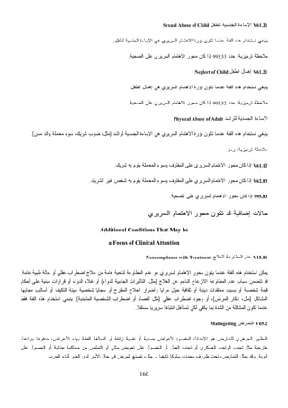 160
V61.21‫ﺍﻟﺠﻨﺴﻴﺔ‬ ‫ﺍﻹﺴﺎﺀﺓ‬‫ﻟﻠﻁﻔل‬Sexual Abuse of Child
‫ﻟﻁﻔل‬ ‫ﺍﻟﺠﻨﺴﻴﺔ‬ ‫ﺍﻹﺴﺎﺀﺓ‬ ‫ﻫﻲ‬ ‫ﺍﻟﺴﺭﻴﺭﻱ‬ ‫ﺍﻻﻫﺘﻤﺎﻡ‬ ‫ﺒﺅﺭﺓ‬ ‫ﺘﻜﻭﻥ‬ ‫ﻋﻨﺩﻤﺎ‬ ‫ﺍﻟﻔﺌﺔ‬ ‫ﻫﺫﻩ‬ ‫ﺍﺴﺘﺨﺩﺍﻡ‬ ‫ﻴﻨﺒﻐﻲ‬.
‫ﺘﺭﻤﻴﺯﻴﺔ‬ ‫ﻤﻼﺤﻅﺔ‬:‫ﺩ‬‫ﺩ‬‫ﺤ‬995.53‫ﺍﻟﻀﺤﻴﺔ‬ ‫ﻋﻠﻰ‬ ‫ﺍﻟﺴﺭﻴﺭﻱ‬ ‫ﺍﻻﻫﺘﻤﺎﻡ‬ ‫ﻤﺤﻭﺭ‬ ‫ﻜﺎﻥ‬ ‫ﺇﺫﺍ‬.
V61.21‫ﺍﻟﻁﻔل‬ ‫ﺇﻫﻤﺎل‬Neglect of Child
‫ﺒﺅﺭﺓ‬ ‫ﺘﻜﻭﻥ‬ ‫ﻋﻨﺩﻤﺎ‬ ‫ﺍﻟﻔﺌﺔ‬ ‫ﻫﺫﻩ‬ ‫ﺍﺴﺘﺨﺩﺍﻡ‬ ‫ﻴﻨﺒﻐﻲ‬‫ﺍﻟﻁﻔل‬ ‫ﺇﻫﻤﺎل‬ ‫ﻫﻲ‬ ‫ﺍﻟﺴﺭﻴﺭﻱ‬ ‫ﺍﻻﻫﺘﻤﺎﻡ‬.
‫ﺘﺭﻤﻴﺯﻴﺔ‬ ‫ﻤﻼﺤﻅﺔ‬:‫ﺩ‬‫ﺩ‬‫ﺤ‬995.52‫ﺍﻟﻀﺤﻴﺔ‬ ‫ﻋﻠﻰ‬ ‫ﺍﻟﺴﺭﻴﺭﻱ‬ ‫ﺍﻻﻫﺘﻤﺎﻡ‬ ‫ﻤﺤﻭﺭ‬ ‫ﻜﺎﻥ‬ ‫ﺇﺫﺍ‬.
‫ﻟﻠﺭﺍﺸﺩ‬ ‫ﺍﻟﺠﺴﺩﻴﺔ‬ ‫ﺍﻹﺴﺎﺀﺓ‬Physical Abuse of Adult
‫ﻟﺭﺍﺸﺩ‬ ‫ﺍﻟﺠﺴﺩﻴﺔ‬ ‫ﺍﻹﺴﺎﺀﺓ‬ ‫ﻫﻲ‬ ‫ﺍﻟﺴﺭﻴﺭﻱ‬ ‫ﺍﻻﻫﺘﻤﺎﻡ‬ ‫ﺒﺅﺭﺓ‬ ‫ﺘﻜﻭﻥ‬ ‫ﻋﻨﺩﻤﺎ‬ ‫ﺍﻟﻔﺌﺔ‬ ‫ﻫﺫﻩ‬ ‫ﺍﺴﺘﺨﺩﺍﻡ‬ ‫ﻴﻨﺒﻐﻲ‬)‫ﻤﻌﺎﻤ‬ ‫ﺴﻭﺀ‬ ،‫ﺸﺭﻴﻙ‬ ‫ﻀﺭﺏ‬ ،‫ﻤﺜل‬‫ﻥ‬‫ﻤﺴ‬ ‫ﻭﺍﻟﺩ‬ ‫ﻠﺔ‬.(
‫ﺘﺭﻤﻴﺯﻴﺔ‬ ‫ﻤﻼﺤﻅﺔ‬:‫ﺯ‬‫ﻤ‬‫ﺭ‬
V61.12‫ﺸﺭﻴﻙ‬ ‫ﺒﻪ‬ ‫ﻴﻘﻭﻡ‬ ‫ﺍﻟﻤﻌﺎﻤﻠﺔ‬ ‫ﻭﺴﻭﺀ‬ ‫ِﻑ‬‫ﺭ‬‫ﺍﻟﻤﻘﺘ‬ ‫ﻋﻠﻰ‬ ‫ﺍﻟﺴﺭﻴﺭﻱ‬ ‫ﺍﻻﻫﺘﻤﺎﻡ‬ ‫ﻤﺤﻭﺭ‬ ‫ﻜﺎﻥ‬ ‫ﺇﺫﺍ‬.
V62.83‫ﺍﻟﺸﺭﻴﻙ‬ ‫ﻏﻴﺭ‬ ‫ﺸﺨﺹ‬ ‫ﺒﻪ‬ ‫ﻴﻘﻭﻡ‬ ‫ﺍﻟﻤﻌﺎﻤﻠﺔ‬ ‫ﻭﺴﻭﺀ‬ ‫ِﻑ‬‫ﺭ‬‫ﺍﻟﻤﻘﺘ‬ ‫ﻋﻠﻰ‬ ‫ﺍﻟﺴﺭﻴﺭﻱ‬ ‫ﺍﻻﻫﺘﻤﺎﻡ‬ ‫ﻤﺤﻭﺭ‬ ‫ﻜﺎﻥ‬ ‫ﺇﺫﺍ‬.
995.83‫ﺍﻟﻀﺤﻴﺔ‬ ‫ﻋﻠﻰ‬ ‫ﺍﻟﺴﺭﻴﺭﻱ‬ ‫ﺍﻻﻫﺘﻤﺎﻡ‬ ‫ﻤﺤﻭﺭ‬ ‫ﻜﺎﻥ‬ ‫ﺇﺫﺍ‬.
‫ﺤﺎﻻﺕ‬‫ﺍﻟﺴﺭﻴﺭﻱ‬ ‫ﺍﻻﻫﺘﻤﺎﻡ‬ ‫ﻤﺤﻭﺭ‬ ‫ﺘﻜﻭﻥ‬ ‫ﻗﺩ‬ ‫ﺇﻀﺎﻓﻴﺔ‬
Additional Conditions That May be
a Focus of Clinical Attention
V15.81‫ﻟﻠﻌﻼﺝ‬ ‫ﺍﻟﻤﻁﺎﻭﻋﺔ‬ ‫ﻋﺩﻡ‬Noncompliance with Treatment
‫ﺍﻀﻁﺭﺍﺏ‬ ‫ﻋﻼﺝ‬ ‫ﻤﻥ‬ ‫ﻫﺎﻤﺔ‬ ‫ﻟﻨﺎﺤﻴﺔ‬ ‫ﺍﻟﻤﻁﺎﻭﻋﺔ‬ ‫ﻋﺩﻡ‬ ‫ﻫﻭ‬ ‫ﺍﻟﺴﺭﻴﺭﻱ‬ ‫ﺍﻻﻫﺘﻤﺎﻡ‬ ‫ﻤﺤﻭﺭ‬ ‫ﻴﻜﻭﻥ‬ ‫ﻋﻨﺩﻤﺎ‬ ‫ﺍﻟﻔﺌﺔ‬ ‫ﻫﺫﻩ‬ ‫ﺍﺴﺘﺨﺩﺍﻡ‬ ‫ﻴﻤﻜﻥ‬‫ﻋﺎﻤﺔ‬ ‫ﻁﺒﻴﺔ‬ ‫ﺤﺎﻟﺔ‬ ‫ﺃﻭ‬ ‫ﻋﻘﻠﻲ‬.
‫ﺍﻟﻌﻼﺝ‬ ‫ﻋﻥ‬ ‫ﺍﻟﻨﺎﺠﻡ‬ ‫ﺍﻻﻨﺯﻋﺎﺝ‬ ‫ﺍﻟﻤﻁﺎﻭﻋﺔ‬ ‫ﻋﺩﻡ‬ ‫ﺃﺴﺒﺎﺏ‬ ‫ﺘﺘﻀﻤﻥ‬ ‫ﻗﺩ‬)‫ﻟﻠﺩﻭﺍﺀ‬ ‫ﺍﻟﺠﺎﻨﺒﻴﺔ‬ ‫ﺍﻟﺘﺄﺜﻴﺭﺍﺕ‬ ،‫ﻤﺜل‬(‫ﺃﺤﻜﺎﻡ‬ ‫ﻋﻠﻰ‬ ‫ﻤﺒﻨﻴﺔ‬ ‫ﻗﺭﺍﺭﺍﺕ‬ ‫ﺃﻭ‬ ‫ﺍﻟﺩﻭﺍﺀ‬ ‫ﻏﻼﺀ‬ ‫ﺃﻭ‬
‫ﺃ‬ ‫ﺍﻟﺘﻜﻴﻑ‬ ‫ﺴﻴﺌﺔ‬ ‫ﺸﺨﺼﻴﺔ‬ ‫ﺴﺠﺎﻴﺎ‬ ‫ﺃﻭ‬ ‫ﺍﻟﻤﻘﺘﺭﺡ‬ ‫ﺍﻟﻌﻼﺝ‬ ‫ﻭﺃﻀﺭﺍﺭ‬ ‫ﻤﺯﺍﻴﺎ‬ ‫ﺤﻭل‬ ‫ﺜﻘﺎﻓﻴﺔ‬ ‫ﺃﻭ‬ ‫ﺩﻴﻨﻴﺔ‬ ‫ﻤﻌﺘﻘﺩﺍﺕ‬ ‫ﺒﺴﺒﺏ‬ ‫ﺃﻭ‬ ‫ﺸﺨﺼﻴﺔ‬ ‫ﻗﻴﻤﺔ‬‫ﻤﺠﺎﺒﻬﺔ‬ ‫ﺃﺴﺎﻟﻴﺏ‬ ‫ﻭ‬
‫ﺍﻟﻤﺸﺎﻜل‬)‫ﺍﻟﻤﺭﺽ‬ ‫ﺇﻨﻜﺎﺭ‬ ،‫ﻤﺜل‬(‫ﻋﻘﻠﻲ‬ ‫ﺍﻀﻁﺭﺍﺏ‬ ‫ﻭﺠﻭﺩ‬ ‫ﺃﻭ‬ ،)‫ﺍﻟﻤﺘﺠﻨﺒﺔ‬ ‫ﺍﻟﺸﺨﺼﻴﺔ‬ ‫ﺍﻀﻁﺭﺍﺏ‬ ‫ﺃﻭ‬ ‫ﺍﻟﻔﺼﺎﻡ‬ ‫ﻤﺜل‬.(‫ﻓﻘﻁ‬ ‫ﺍﻟﻔﺌﺔ‬ ‫ﻫﺫﻩ‬ ‫ﺍﺴﺘﺨﺩﺍﻡ‬ ‫ﻴﻨﺒﻐﻲ‬
‫ﹰ‬‫ﻼ‬‫ﻤﺴﺘﻘ‬ ‫ﹰ‬‫ﺎ‬‫ﺴﺭﻴﺭﻴ‬ ‫ﹰ‬‫ﺎ‬‫ﺍﻨﺘﺒﺎﻫ‬ ‫ﺘﺴﺘﺄﻫل‬ ‫ﻟﻜﻲ‬ ‫ﻴﻜﻔﻲ‬ ‫ﺒﻤﺎ‬ ‫ﺍﻟﺸﺩﺓ‬ ‫ﻤﻥ‬ ‫ﺍﻟﻤﺸﻜﻠﺔ‬ ‫ﺘﻜﻭﻥ‬ ‫ﻋﻨﺩﻤﺎ‬.
V65.2‫ﺍﻟﺘﻤﺎﺭﺽ‬Malingering
‫ﻟﻠﺘﻤﺎﺭﺽ‬ ‫ﺍﻟﺠﻭﻫﺭﻱ‬ ‫ﺍﻟﻤﻅﻬﺭ‬‫ﺒﺒﻭﺍﻋﺙ‬ ‫ﹰ‬‫ﺎ‬‫ﻤﺩﻓﻭﻋ‬ ،‫ﺍﻷﻋﺭﺍﺽ‬ ‫ﺒﻬﺫﻩ‬ ‫ﺍﻟﻔﻅﺔ‬ ‫ﺍﻟﻤﺒﺎﻟﻐﺔ‬ ‫ﺃﻭ‬ ‫ﺯﺍﺌﻔﺔ‬ ‫ﻨﻔﺴﻴﺔ‬ ‫ﺃﻭ‬ ‫ﺠﺴﺩﻴﺔ‬ ‫ﻷﻋﺭﺍﺽ‬ ‫ﺍﻟﻤﻘﺼﻭﺩ‬ ‫ﺍﻹﺤﺩﺍﺙ‬ ‫ﻫﻭ‬
‫ﻋﻠﻰ‬ ‫ﺍﻟﺤﺼﻭل‬ ‫ﺃﻭ‬ ‫ﺠﻨﺎﺌﻴﺔ‬ ‫ﻤﺤﺎﻜﻤﺔ‬ ‫ﻤﻥ‬ ‫ﺍﻟﺘﻤﻠﺹ‬ ‫ﺃﻭ‬ ‫ﻤﺎﻟﻲ‬ ‫ﺘﻌﻭﻴﺽ‬ ‫ﻋﻠﻰ‬ ‫ﺍﻟﺤﺼﻭل‬ ‫ﺃﻭ‬ ‫ﺍﻟﻌﻤل‬ ‫ﺘﺠﻨﺏ‬ ‫ﺃﻭ‬ ‫ﺍﻟﻌﺴﻜﺭﻱ‬ ‫ﺍﻟﻭﺍﺠﺏ‬ ‫ﺘﺠﻨﺏ‬ ‫ﻤﺜل‬ ‫ﺨﺎﺭﺠﻴﺔ‬
‫ﺃﺩﻭﻴﺔ‬.‫ﺘﻜ‬ ‫ﹰ‬‫ﺎ‬‫ﺴﻠﻭﻜ‬ ،‫ﺩﺓ‬‫ﺩ‬‫ﻤﺤ‬ ‫ﻅﺭﻭﻑ‬ ‫ﺘﺤﺕ‬ ،‫ﺍﻟﺘﻤﺎﺭﺽ‬ ‫ﻴﻤﺜل‬ ‫ﻭﻗﺩ‬‫ﺍﻟﺤﺭﺏ‬ ‫ﺃﺜﻨﺎﺀ‬ ‫ﺍﻟﻌﺩﻭ‬ ‫ﻟﺩﻯ‬ ‫ﺍﻷﺴﺭ‬ ‫ﺤﺎل‬ ‫ﻓﻲ‬ ‫ﺍﻟﻤﺭﺽ‬ ‫ﺘﺼﻨﻊ‬ ،‫ﻤﺜل‬ ‫ـ‬ ‫ﹰ‬‫ﺎ‬‫ﻴﻔﻴ‬.
 