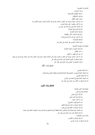 18
‫ﺍﻟﺠﻨﺴﻴﺔ‬ ‫ﺍﻟﺸﺫﻭﺫﺍﺕ‬
302.4‫ﺍﻻﺴﺘﻌﺭﺍﺀ‬
302.81‫ﺍﻟﻔﻴﺘﻴﺸﻴﺔ‬)‫ﺍﻟﺼﻨﻤﻴﺔ‬(
302.89‫ﺍﻻﺤﺘﻜﺎﻜﻴﺔ‬
302.2‫ﺍﻷﻁﻔﺎل‬ ‫ﻋﺸﻕ‬
‫ﻜﺎﻥ‬ ‫ﺇﺫﺍ‬ ‫ﺤﺩﺩ‬:‫ﺍﻟﺫﻜﻭﺭ‬ ‫ﻨﺤﻭ‬ ‫ﹰ‬‫ﺎ‬‫ﺠﻨﺴﻴ‬ ‫ﻤﻨﺠﺫﺏ‬/‫ﺍﻹﻨﺎﺙ‬ ‫ﻨﺤﻭ‬ ‫ﹰ‬‫ﺎ‬‫ﺠﻨﺴﻴ‬ ‫ﻤﻨﺠﺫﺏ‬/‫ﹰ‬‫ﺎ‬‫ﻤﻌ‬ ‫ﻟﻼﺜﻨﻴﻥ‬ ‫ﹰ‬‫ﺎ‬‫ﺠﻨﺴﻴ‬ ‫ﻤﻨﺠﺫﺏ‬
‫ﻜﺎﻥ‬ ‫ﺇﺫﺍ‬ ‫ﺤﺩﺩ‬:‫ﹰ‬‫ﺍ‬‫ﻤﻘﺘﺼﺭ‬‫ﺍﻟﻤﺤﺎﺭﻡ‬ ‫ﺴﻔﺎﺡ‬ ‫ﻋﻠﻰ‬
‫ﺍﻟﻨﻤﻁ‬ ‫ﺤﺩﺩ‬:‫ﺤﺼﺭﻱ‬ ‫ﻨﻤﻁ‬/‫ﺤﺼﺭﻱ‬ ‫ﻏﻴﺭ‬ ‫ﻨﻤﻁ‬
302.83‫ﺍﻟﺠﻨﺴﻴﺔ‬ ‫ﺍﻟﻤﺎﺯﻭﺨﻴﺔ‬
302.84‫ﺍﻟﺠﻨﺴﻴﺔ‬ ‫ﺍﻟﺴﺎﺩﻴﺔ‬
302.3‫ﺍﻟﻔﻴﺘﻴﺸﻴﺔ‬ ‫ﺍﻵﺨﺭ‬ ‫ﺍﻟﺠﻨﺱ‬ ‫ِﺒﺴﺔ‬‫ﻟ‬
‫ﻜﺎﻥ‬ ‫ﺇﺫﺍ‬ ‫ﺤﺩﺩ‬:‫ﺠﻨﺴﻪ‬ ‫ﻤﻊ‬ ‫ﺍﻻﺭﺘﻴﺎﺡ‬ ‫ﻋﺩﻡ‬ ‫ﻤﻊ‬
308.82‫ﺍﻟﺒﺼﺒﺼﺔ‬
302.9‫ﺁﺨﺭ‬ ‫ﻤﻜﺎﻥ‬ ‫ﻓﻲ‬ ‫ﺍﻟﻤﺤﺩﺩ‬ ‫ﻏﻴﺭ‬ ‫ﺍﻟﺠﻨﺴﻲ‬ ‫ﺍﻟﺸﺫﻭﺫ‬
‫ﺍﻟﺠﻨﺴﻴﺔ‬ ‫ﺍﻟﻬﻭﻴﺔ‬ ‫ﺍﻀﻁﺭﺍﺒﺎﺕ‬
302.XX‫ﺍﻟﺠﻨﺴﻴﺔ‬ ‫ﺍﻟﻬﻭﻴﺔ‬ ‫ﺍﻀﻁﺭﺍﺏ‬
.6‫ﺍﻷﻁﻔﺎل‬ ‫ﻋﻨﺩ‬
.85‫ﺍﻟﺒﺎﻟﻐﻴﻥ‬ ‫ﺃﻭ‬ ‫ﺍﻟﻤﺭﺍﻫﻘﻴﻥ‬ ‫ﻋﻨﺩ‬
‫ﻜﺎﻥ‬ ‫ﺇﺫﺍ‬ ‫ﺤﺩﺩ‬:‫ﺍﻟﺫﻜﻭﺭ‬ ‫ﺇﻟﻰ‬ ‫ﹰ‬‫ﺎ‬‫ﺠﻨﺴﻴ‬ ‫ﻤﻨﺠﺫﺏ‬/‫ﺍﻹﻨﺎﺙ‬ ‫ﺇﻟﻰ‬ ‫ﹰ‬‫ﺎ‬‫ﺠﻨﺴﻴ‬ ‫ﻤﻨﺠﺫﺏ‬/‫ﹰ‬‫ﺎ‬‫ﻤﻌ‬ ‫ﺍﻻﺜﻨﻴﻥ‬ ‫ﺇﻟﻰ‬ ‫ﹰ‬‫ﺎ‬‫ﺠﻨﺴﻴ‬ ‫ﻤﻨﺠﺫﺏ‬/‫ﻤﻨﻬﻤﺎ‬ ‫ﺃﻱ‬ ‫ﺇﻟﻰ‬ ‫ﹰ‬‫ﺎ‬‫ﺠﻨﺴﻴ‬ ‫ﻤﻨﺠﺫﺏ‬ ‫ﻏﻴﺭ‬
302.6‫ﺁﺨﺭ‬ ‫ﻤﻜﺎﻥ‬ ‫ﻓﻲ‬ ‫ﺍﻟﻤﺤﺩﺩ‬ ‫ﻏﻴﺭ‬ ‫ﺍﻟﺠﻨﺴﻴﺔ‬ ‫ﺍﻟﻬﻭﻴﺔ‬ ‫ﺍﻀﻁﺭﺍﺏ‬
302.9‫ﺍﻻ‬‫ﺁﺨﺭ‬ ‫ﻤﻜﺎﻥ‬ ‫ﻓﻲ‬ ‫ﺍﻟﻤﺤﺩﺩ‬ ‫ﻏﻴﺭ‬ ‫ﺍﻟﺠﻨﺴﻲ‬ ‫ﻀﻁﺭﺍﺏ‬
‫ﺍﻷﻜل‬ ‫ﺍﻀﻁﺭﺍﺒﺎﺕ‬
307.1‫ﺍﻟﻌﺼﺒﻲ‬ ‫ﻪ‬‫ﻤ‬‫ﹶ‬‫ﻘ‬‫ﺍﻟ‬
‫ﺍﻟﻨﻤﻁ‬ ‫ﺤﺩﺩ‬:‫ﺍﻟﻤﺤﺼﻭﺭ‬ ‫ﺍﻟﻨﻤﻁ‬)‫ﺍﻟﻤﻀﺒﻭﻁ‬(‫ﺍﻟﻁﻌﺎﻡ‬ ‫ﻓﻲ‬ ‫ﺍﻟﻤﻔﺭﻁ‬ ‫ﺍﻟﻨﻤﻁ‬ ‫؛‬/‫ﺒﺎﻟﻤﺴﻬﻼﺕ‬ ‫ﺍﻟﻤﻔﺭﻍ‬
307.51‫ﺍﻟﻌﺼﺒﻲ‬ ‫ﺍﻟﻨﻬﺎﻡ‬
‫ﺍﻟﻨﻤﻁ‬ ‫ﺤﺩﺩ‬:‫ﺍﻟﻤﻔﺭﻍ‬ ‫ﺍﻟﻨﻤﻁ‬/‫ﺍﻟﻤﻔﺭﻍ‬ ‫ﻏﻴﺭ‬ ‫ﺍﻟﻨﻤﻁ‬
307.50‫ﺁﺨﺭ‬ ‫ﻤﻜﺎﻥ‬ ‫ﻓﻲ‬ ‫ﺍﻟﻤﺤﺩﺩ‬ ‫ﻏﻴﺭ‬ ‫ﺍﻷﻜل‬ ‫ﺍﻀﻁﺭﺍﺏ‬
‫اﻟﻨﻮم‬ ‫اﺿﻄﺮاﺑﺎت‬
‫ﺍﻟﺒﺩﺌﻴﺔ‬ ‫ﺍﻟﻨﻭﻡ‬ ‫ﺍﻀﻁﺭﺍﺒﺎﺕ‬
‫ﺍﺨﺘﻼﻻﺕ‬)‫ﺴﺭ‬‫ﻋ‬(‫ﺍﻟﻨﻭﻡ‬
307.42‫ﺍﻟﺒﺩﺌﻲ‬ ‫ﺍﻷﺭﻕ‬
307.44‫ﺍﻟﺒﺩﺌﻲ‬ ‫ﺍﻟﻨﻭﻡ‬ ‫ﻓﺭﻁ‬
‫ﻜﺎﻥ‬ ‫ﺇﺫﺍ‬ ‫ﺤﺩﺩ‬:‫ﹰ‬‫ﺍ‬‫ﻤﻌﺎﻭﺩ‬
347‫ﺦ‬‫ﺒ‬‫ﺴ‬‫ﺍﻟ‬)‫ﺍﻻﻨﺘﻴﺎﺒﻲ‬ ‫ﺍﻟﻨﻭﻡ‬(
380.59‫ﺒﺎﻟﺘﻨﻔﺱ‬ ‫ﺍﻟﻤﺭﺘﺒﻁ‬ ‫ﺍﻟﻨﻭﻡ‬ ‫ﺍﻀﻁﺭﺍﺏ‬
307.45‫ﻟﻠﻨﻭﻡ‬ ‫ﺍﻟﻴﻭﻤﺎﻭﻱ‬ ‫ﺍﻟﻨﻅﻡ‬ ‫ﺍﻀﻁﺭﺍﺏ‬
‫ﺍﻟﻨﻤﻁ‬ ‫ﺤﺩﺩ‬:‫ﺍﻟ‬ ‫ﺍﻟﻨﻭﻡ‬ ‫ﺼﻔﺤﺔ‬ ‫ﻨﻤﻁ‬‫ﻤﺘﺄﺨﺭ‬/‫ﺍﻟﻤﺘﻐﻴﺭﺓ‬ ‫ﺍﻟﺯﻤﻨﻴﺔ‬ ‫ﺍﻟﻤﻨﻁﻘﺔ‬ ‫ﻨﻤﻁ‬/‫ﺍﻟﻤﺘﻐﻴﺭﺓ‬ ‫ﺍﻟﻭﺍﺭﺩﻴﺎﺕ‬ ‫ﻨﻤﻁ‬/‫ﺍﻟﻤﺤﺩﺩ‬ ‫ﻏﻴﺭ‬ ‫ﺍﻟﻨﻤﻁ‬
307.47‫ﺁﺨﺭ‬ ‫ﻤﻜﺎﻥ‬ ‫ﻓﻲ‬ ‫ﺍﻟﻤﺤﺩﺩ‬ ‫ﻏﻴﺭ‬ ‫ﺍﻟﻨﻭﻡ‬ ‫ﺍﺨﺘﻼل‬
‫ﺍﻟﻤﻀﻁﺭﺏ‬ ‫ﺍﻟﻨﻭﻡ‬ ‫ﺤﺎﻻﺕ‬
307.47‫ﺍﻟﻜﺎﺒﻭﺱ‬ ‫ﺍﻀﻁﺭﺍﺏ‬
307.46‫ﺍﻟﻨﻭﻤﻲ‬ ‫ﺍﻟﺭﻋﺏ‬ ‫ﺍﻀﻁﺭﺍﺏ‬
 