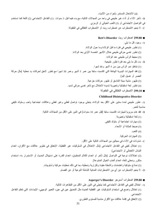 31
(d)‫ﺍﻷﺸﻴﺎﺀ‬ ‫ﻤﻥ‬ ‫ﺒﺄﺠﺯﺍﺀ‬ ‫ﺍﻟﻤﺴﺘﻤﺭ‬ ‫ﺍﻻﻨﺸﻐﺎل‬.
B-‫ﻓ‬ ‫ﺒﺩﺀ‬ ‫ﻤﻊ‬ ،‫ﺍﻟﺘﺎﻟﻴﺔ‬ ‫ﺍﻟﻤﺠﺎﻻﺕ‬ ‫ﻤﻥ‬ ‫ﻭﺍﺤﺩ‬ ‫ﻓﻲ‬ ‫ﻁﺒﻴﻌﻲ‬ ‫ﻏﻴﺭ‬ ‫ﺃﺩﺍﺀ‬ ‫ﺃﻭ‬ ‫ﺍﻷﺩﺍﺀ‬ ‫ﺘﺄﺨﺭ‬‫ﻗﺒل‬ ‫ﻴﻤﺎ‬3‫ﺴﻨﻭﺍﺕ‬:(1)‫ﺍﻻﺠﺘﻤﺎﻋﻲ‬ ‫ﺍﻟﺘﻔﺎﻋل‬(2)‫ﺘﺴﺘﺨﺩﻡ‬ ‫ﻜﻤﺎ‬ ‫ﺍﻟﻠﻐﺔ‬
‫ﺃﻭ‬ ‫ﺍﻻﺠﺘﻤﺎﻋﻲ‬ ‫ﺍﻟﺘﻭﺍﺼل‬ ‫ﻓﻲ‬(3)‫ﺍﻟﺭﻤﺯﻱ‬ ‫ﺃﻭ‬ ‫ﺍﻟﺨﻴﺎﻟﻲ‬ ‫ﺍﻟﻠﻌﺏ‬.
C-‫ﺍﻟﻁﻔﻭﻟﺔ‬ ‫ﻓﻲ‬ ‫ﺍﻟﺘﻔﻜﻜﻲ‬ ‫ﺍﻻﻀﻁﺭﺍﺏ‬ ‫ﺃﻭ‬ ‫ﺭﻴﺕ‬ ‫ﺍﻀﻁﺭﺍﺏ‬ ‫ﻋﻥ‬ ‫ﺍﻻﻀﻁﺭﺍﺏ‬ ‫ﻴﻨﺠﻡ‬ ‫ﻻ‬.
■299.80‫ﺭﻴﺕ‬ ‫ﺍﻀﻁﺭﺍﺏ‬Rett’s Disorder
A-‫ﻴﻠﻲ‬ ‫ﻤﺎ‬ ‫ﻜل‬ ‫ﻭﺠﻭﺩ‬:
(1)‫ﻓﺘ‬ ‫ﻓﻲ‬ ‫ﻁﺒﻴﻌﻲ‬ ‫ﺘﻁﻭﺭ‬‫ﺍﻟﻭﻻﺩﺓ‬ ‫ﺤﻭل‬ ‫ﻭﻤﺎ‬ ‫ﺍﻟﻭﻻﺩﺓ‬ ‫ﻗﺒل‬ ‫ﻤﺎ‬ ‫ﺭﺓ‬.
(2)‫ﺍﻟﻭﻻﺩﺓ‬ ‫ﺒﻌﺩ‬ ‫ﺍﻷﻭﻟﻰ‬ ‫ﺍﻟﺨﻤﺴﺔ‬ ‫ﺍﻷﺸﻬﺭ‬ ‫ﺨﻼل‬ ‫ﻁﺒﻴﻌﻲ‬ ‫ﺤﺭﻜﻲ‬ ‫ﻨﻔﺴﻲ‬ ‫ﺘﻁﻭﺭ‬.
(3)‫ﺍﻟﻭﻻﺩﺓ‬ ‫ﻋﻨﺩ‬ ‫ﻁﺒﻴﻌﻲ‬ ‫ﺍﻟﺭﺃﺱ‬ ‫ﻤﺤﻴﻁ‬.
B-‫ﻁﺒﻴﻌﻴﺔ‬ ‫ﺘﻁﻭﺭ‬ ‫ﻓﺘﺭﺓ‬ ‫ﺒﻌﺩ‬ ‫ﻴﻠﻲ‬ ‫ﻤﺎ‬ ‫ﻜل‬ ‫ﺒﺩﺀ‬:
(1)‫ﺴﻥ‬ ‫ﺒﻴﻥ‬ ‫ﺍﻟﺭﺃﺱ‬ ‫ﻨﻤﻭ‬ ‫ﺘﺒﺎﻁﺅ‬5‫ﻭ‬ ‫ﺃﺸﻬﺭ‬48‫ﹰ‬‫ﺍ‬‫ﺸﻬﺭ‬.
(2)‫ﺍ‬ ‫ﺍﻟﺘﻲ‬ ‫ﺍﻟﻬﺎﺩﻓﺔ‬ ‫ﺍﻟﻴﺩﻭﻴﺔ‬ ‫ﺍﻟﻤﻬﺎﺭﺍﺕ‬ ‫ﻓﻘﺩ‬‫ﻋﻤﺭ‬ ‫ﺒﻴﻥ‬ ‫ﹰ‬‫ﺎ‬‫ﺴﺎﺒﻘ‬ ‫ﻜﺘﺴﺒﺕ‬5‫ﻭﻋﻤﺭ‬ ‫ﺃﺸﻬﺭ‬30‫ﻨﻤﻁﻴﺔ‬ ‫ﻴﺩ‬ ‫ﻟﺤﺭﻜﺎﺕ‬ ‫ﻻﺤﻕ‬ ‫ﺘﻁﻭﺭ‬ ‫ﻤﻊ‬ ‫ﹰ‬‫ﺍ‬‫ﺸﻬﺭ‬)‫ﺤﺭﻜﺔ‬ ‫ﻤﺜل‬
‫ﺍﻟﻴﺩ‬ ‫ﻏﺴﻴل‬ ‫ﺃﻭ‬ ‫ﺍﻟﻌﺼﺭ‬.(
(3)‫ﺠﺯﻋﻴﺔ‬ ‫ﺤﺭﻜﺎﺕ‬ ‫ﻅﻬﻭﺭ‬ ‫ﺃﻭ‬ ‫ﺍﻟﺘﻨﺎﺴﻕ‬ ‫ﺴﻴﺌﺔ‬ ‫ﻤﺸﻴﺔ‬ ‫ﻅﻬﻭﺭ‬.
(4)‫ﺸﺩﻴﺩ‬ ‫ﺤﺭﻜﻲ‬ ‫ﻨﻔﺴﻲ‬ ‫ﺘﺄﺨﺭ‬ ‫ﻤﻊ‬ ‫ﺍﻻﺨﺘﻼل‬ ‫ﺸﺩﻴﺩﺓ‬ ‫ﻭﺘﻌﺒﻴﺭﻴﺔ‬ ‫ﺍﺴﺘﻘﺒﺎﻟﻴﺔ‬ ‫ﻟﻐﺔ‬ ‫ﺘﻁﻭﺭ‬.
■299.10‫ﺍﻟﻁﻔﻭﻟ‬ ‫ﻓﻲ‬ ‫ﺍﻟﺘﻔﻜﻜﻲ‬ ‫ﺍﻻﻀﻁﺭﺍﺏ‬‫ﺔ‬
Childhood Disintegrative Disorder
A-‫ﻔﻲ‬‫ﻴ‬‫ﺘﻜ‬ ‫ﻭﺴﻠﻭﻙ‬ ‫ﻭﻟﻌﺏ‬ ‫ﺍﺠﺘﻤﺎﻋﻴﺔ‬ ‫ﻭﻋﻼﻗﺎﺕ‬ ‫ﻟﻔﻅﻲ‬ ‫ﻭﻏﻴﺭ‬ ‫ﻟﻔﻅﻲ‬ ‫ﺘﻭﺍﺼل‬ ‫ﺒﻭﺠﻭﺩ‬ ‫ﻴﺘﺠﻠﻰ‬ ،‫ﺍﻟﻭﻻﺩﺓ‬ ‫ﺒﻌﺩ‬ ‫ﺍﻷﻗل‬ ‫ﻋﻠﻰ‬ ‫ﺴﻨﺘﻴﻥ‬ ‫ﻟﻤﺩﺓ‬ ‫ﻁﺒﻴﻌﻲ‬ ‫ﺘﻁﻭﺭ‬
‫ﻟﻠﻌﻤﺭ‬ ‫ﻤﻨﺎﺴﺒﺔ‬.
B-‫ﹰ‬‫ﺎ‬‫ﺴﺎﺒﻘ‬ ‫ﺍﻜﺘﺴﺒﺕ‬ ‫ﻟﻤﻬﺎﺭﺍﺕ‬ ‫ﹰ‬‫ﺎ‬‫ﺴﺭﻴﺭﻴ‬ ‫ﻫﺎﻡ‬ ‫ﻓﻘﺩ‬)‫ﻋﻤﺭ‬ ‫ﻗﺒل‬10‫ﺴﻨﻭﺍﺕ‬(‫ﺍﻟﻤﺠ‬ ‫ﻤﻥ‬ ‫ﺍﻷﻗل‬ ‫ﻋﻠﻰ‬ ‫ﺍﺜﻨﻴﻥ‬ ‫ﻓﻲ‬‫ﺍﻟﺘﺎﻟﻴﺔ‬ ‫ﺎﻻﺕ‬:
(1)‫ﻭﺘﻌﺒﻴﺭﻴﺔ‬ ‫ﺍﺴﺘﻘﺒﺎﻟﻴﺔ‬ ‫ﻟﻐﺔ‬.
(2)‫ﻔﻲ‬‫ﻴ‬‫ﺘﻜ‬ ‫ﺴﻠﻭﻙ‬ ‫ﺃﻭ‬ ‫ﺍﺠﺘﻤﺎﻋﻴﺔ‬ ‫ﻤﻬﺎﺭﺍﺕ‬.
(3)‫ﺍﻷﻤﻌﺎﺀ‬ ‫ﺃﻭ‬ ‫ﺍﻟﻤﺜﺎﻨﺔ‬ ‫ﻀﺒﻁ‬.
(4)‫ﺍﻟﻠﻌﺏ‬.
(5)‫ﺍﻟﺤﺭﻜﻴﺔ‬ ‫ﺍﻟﻤﻬﺎﺭﺍﺕ‬.
C-‫ﺍﻷﻗل‬ ‫ﻋﻠﻰ‬ ‫ﺍﻟﺘﺎﻟﻴﺔ‬ ‫ﺍﻟﻤﺠﺎﻻﺕ‬ ‫ﻤﻥ‬ ‫ﻤﺠﺎﻟﻴﻥ‬ ‫ﻓﻲ‬ ‫ﺍﻷﺩﺍﺀ‬ ‫ﻓﻲ‬ ‫ﺸﺫﻭﺫﺍﺕ‬:
(1)‫ﺍﻻﺠﺘﻤﺎﻋﻲ‬ ‫ﺍﻟﺘﻔﺎﻋل‬ ‫ﻓﻲ‬ ‫ﻜﻴﻔﻲ‬ ‫ﺍﺨﺘﻼل‬)‫ﺍﻟ‬ ‫ﻓﻲ‬ ‫ﺍﻻﺨﺘﻼل‬ ‫ﻤﺜل‬‫ﺍﻨﻌﺩﺍﻡ‬ ،‫ﺍﻷﻗﺭﺍﻥ‬ ‫ﻤﻊ‬ ‫ﻋﻼﻗﺎﺕ‬ ‫ﺘﻁﻭﻴﺭ‬ ‫ﻓﻲ‬ ‫ﺍﻹﺨﻔﺎﻕ‬ ،‫ﺍﻟﻠﻔﻅﻴﺔ‬ ‫ﻏﻴﺭ‬ ‫ﺴﻠﻭﻜﻴﺎﺕ‬
‫ﺍﻻﺠﺘﻤﺎﻋﻲ‬ ‫ﺃﻭ‬ ‫ﺍﻻﻨﻔﻌﺎﻟﻲ‬ ‫ﺍﻟﺘﺒﺎﺩل‬.(
(2)‫ﺍﻟﺘﻭﺍﺼل‬ ‫ﻓﻲ‬ ‫ﻨﻭﻋﻴﺔ‬ ‫ﺍﺨﺘﻼﻻﺕ‬)‫ﺍﺴﺘﺨﺩﺍﻡ‬ ،‫ﺒﻪ‬ ‫ﺍﻻﺴﺘﻤﺭﺍﺭ‬ ‫ﺃﻭ‬ ‫ﺍﻟﺤﺩﻴﺙ‬ ‫ﺍﺴﺘﻬﻼل‬ ‫ﻋﻠﻰ‬ ‫ﺍﻟﻘﺩﺭﺓ‬ ‫ﺍﻨﻌﺩﺍﻡ‬ ،‫ﺍﻟﻤﻨﻁﻭﻕ‬ ‫ﺍﻟﻜﻼﻡ‬ ‫ﺍﻨﻌﺩﺍﻡ‬ ‫ﺃﻭ‬ ‫ﺘﺄﺨﺭ‬ ‫ﻤﺜل‬
‫ﺍﻟﺨﻴ‬ ‫ﺃﻟﻌﺎﺏ‬ ‫ﺍﻨﻌﺩﺍﻡ‬ ،‫ﻟﻠﻐﺔ‬ ‫ﻭﻨﻤﻁﻲ‬ ‫ﻤﺘﻜﺭﺭ‬‫ﺍﻟﻤﺘﻨﻭﻋﺔ‬ ‫ﺎل‬.(
(3)‫ﻭﺃﺴﻠﻭﺒﻴﺎﺕ‬ ‫ﺤﺭﻜﻴﺔ‬ ‫ﻨﻤﻁﻴﺎﺕ‬ ‫ﺫﻟﻙ‬ ‫ﻓﻲ‬ ‫ﺒﻤﺎ‬ ،‫ﻭﻨﻤﻁﻴﺔ‬ ‫ﻭﺘﻜﺭﺍﺭﻴﺔ‬ ‫ﻤﻘﻴﺩﺓ‬ ‫ﻭﺃﻨﺸﻁﺔ‬ ‫ﻭﺍﻫﺘﻤﺎﻤﺎﺕ‬ ‫ﺴﻠﻭﻜﻴﺔ‬ ‫ﻨﻤﺎﺫﺝ‬.
D-‫ﺍﻟﻔﺼﺎﻡ‬ ‫ﻋﻥ‬ ‫ﺃﻭ‬ ‫ﺍﻟﻨﻭﻋﻴﺔ‬ ‫ﺍﻟﺸﺎﻤﻠﺔ‬ ‫ﺍﻟﻨﻤﺎﺌﻴﺔ‬ ‫ﺍﻻﻀﻁﺭﺍﺒﺎﺕ‬ ‫ﻤﻥ‬ ‫ﺃﻱ‬ ‫ﻋﻥ‬ ‫ﺍﻻﻀﻁﺭﺍﺏ‬ ‫ﻴﻨﺠﻡ‬ ‫ﻻ‬.
■299.80‫ﺃﺴﺒﺭﺠﺭ‬ ‫ﺍﻀﻁﺭﺍﺏ‬Asperger’s Disorder
A-‫ﺍﻟﺘﻔﺎﻋل‬ ‫ﻓﻲ‬ ‫ﻜﻴﻔﻲ‬ ‫ﺍﺨﺘﻼل‬‫ﺍﻟﺘﺎﻟﻴﺔ‬ ‫ﺍﻟﺘﻅﺎﻫﺭﺍﺕ‬ ‫ﻤﻥ‬ ‫ﺍﻷﻗل‬ ‫ﻋﻠﻰ‬ ‫ﺍﺜﻨﻴﻥ‬ ‫ﻓﻲ‬ ‫ﻴﺘﺠﻠﻰ‬ ‫ﻜﻤﺎ‬ ‫ﺍﻻﺠﺘﻤﺎﻋﻲ‬:
(1)‫ﺍﻟﺘﻔﺎﻋل‬ ‫ﺘﻨﻅﻡ‬ ‫ﺍﻟﺘﻲ‬ ‫ﺍﻹﻴﻤﺎﺀﺍﺕ‬ ،‫ﺍﻟﻭﺠﻬﻲ‬ ‫ﺍﻟﺘﻌﺒﻴﺭ‬ ،‫ﻋﻴﻥ‬ ‫ﻓﻲ‬ ‫ﻋﻴﻥ‬ ‫ﺍﻟﺘﺤﺩﻴﻕ‬ ‫ﻤﺜل‬ ‫ﺍﻟﻌﺩﻴﺩﺓ‬ ‫ﺍﻟﻠﻔﻅﻴﺔ‬ ‫ﻏﻴﺭ‬ ‫ﺍﻟﺴﻠﻭﻜﻴﺎﺕ‬ ‫ﺍﺴﺘﺨﺩﺍﻡ‬ ‫ﻓﻲ‬ ‫ﻭﺍﻀﺢ‬ ‫ﺍﺨﺘﻼل‬
‫ﺍﻻﺠﺘﻤﺎﻋﻲ‬.
(2)‫ﺍﻟﺘﻁﻭ‬ ‫ﻟﻠﻤﺴﺘﻭﻯ‬ ‫ﻤﻨﺎﺴﺒﺔ‬ ‫ﺍﻷﻗﺭﺍﻥ‬ ‫ﻤﻊ‬ ‫ﻋﻼﻗﺎﺕ‬ ‫ﺇﻗﺎﻤﺔ‬ ‫ﻓﻲ‬ ‫ﺍﻹﺨﻔﺎﻕ‬‫ﺭﻱ‬.
 