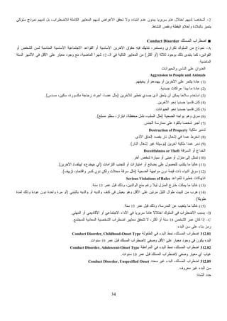 34
2-‫ﺴﻠﻭﻜﻲ‬ ‫ﻨﻤﻭﺫﺝ‬ ‫ﻟﺩﻴﻬﻡ‬ ‫ﺒل‬ ،‫ﻟﻼﻀﻁﺭﺍﺏ‬ ‫ﺍﻟﻜﺎﻤﻠﺔ‬ ‫ﺍﻟﻤﻌﺎﻴﻴﺭ‬ ‫ﻟﺩﻴﻬﻡ‬ ‫ﺍﻷﻋﺭﺍﺽ‬ ‫ﺘﺤﻘﻕ‬ ‫ﻭﻻ‬ ،‫ﺍﻨﺘﺒﺎﻩ‬ ‫ﻋﺩﻡ‬ ‫ﻴﺒﺩﻭﻥ‬ ‫ﹰ‬‫ﺎ‬‫ﺴﺭﻴﺭﻴ‬ ‫ﻫﺎﻡ‬ ‫ﺍﺨﺘﻼل‬ ‫ﻟﺩﻴﻬﻡ‬ ‫ﹰ‬‫ﺎ‬‫ﺃﺸﺨﺎﺼ‬
‫ﺍﻟﻨﺸﺎﻁ‬ ‫ﻭﻨﻘﺹ‬ ‫ﺍﻟﻴﻘﻅﺔ‬ ‫ﻭﺃﺤﻼﻡ‬ ‫ﺒﺎﻟﺒﻼﺩﺓ‬ ‫ﻴﺘﻤﻴﺯ‬.
■‫ﺍﻟﻤﺴﻠﻙ‬ ‫ﺍﻀﻁﺭﺍﺏ‬Conduct Disorder
A-‫ﻨﻤﻭ‬‫ﺃﻭ‬ ‫ﺍﻟﺸﺨﺹ‬ ‫ﻥ‬‫ﻟﺴ‬ ‫ﺍﻟﻤﻨﺎﺴﺒﺔ‬ ‫ﺍﻷﺴﺎﺴﻴﺔ‬ ‫ﺍﻻﺠﺘﻤﺎﻋﻴﺔ‬ ‫ﺍﻟﻘﻭﺍﻋﺩ‬ ‫ﺃﻭ‬ ‫ﺍﻷﺴﺎﺴﻴﺔ‬ ‫ﺍﻵﺨﺭﻴﻥ‬ ‫ﺤﻘﻭﻕ‬ ‫ﻓﻴﻪ‬ ‫ﺘﻨﺘﻬﻙ‬ ،‫ﻭﻤﺴﺘﻤﺭ‬ ‫ﺘﻜﺭﺍﺭﻱ‬ ‫ﺍﻟﺴﻠﻭﻙ‬ ‫ﻤﻥ‬ ‫ﺫﺝ‬
‫ﺜﻼﺜﺔ‬ ‫ﺒﻭﺠﻭﺩ‬ ‫ﺫﻟﻙ‬ ‫ﻴﺘﺒﺩﻯ‬ ‫ﻜﻤﺎ‬ ،‫ﺍﻟﻘﻭﺍﻨﻴﻥ‬)‫ﺃﻜﺜﺭ‬ ‫ﺃﻭ‬(‫ﺍﻟـ‬ ‫ﻓﻲ‬ ‫ﺍﻟﺘﺎﻟﻴﺔ‬ ‫ﺍﻟﻤﻌﺎﻴﻴﺭ‬ ‫ﻤﻥ‬12‫ﺍﻟﺴﺘﺔ‬ ‫ﺍﻷﺸﻬﺭ‬ ‫ﻓﻲ‬ ‫ﺍﻷﻗل‬ ‫ﻋﻠﻰ‬ ‫ﻤﻌﻴﺎﺭ‬ ‫ﻭﺠﻭﺩ‬ ‫ﻤﻊ‬ ،‫ﺍﻟﻤﺎﻀﻴﺔ‬ ‫ﹰ‬‫ﺍ‬‫ﺸﻬﺭ‬
‫ﺍﻟﻤﺎﻀﻴﺔ‬:
‫ﺍﻟﻌ‬‫ﻭﺍﻟﺤﻴﻭﺍﻨﺎﺕ‬ ‫ﺍﻟﻨﺎﺱ‬ ‫ﻋﻠﻰ‬ ‫ﺩﻭﺍﻥ‬
Aggression to People and Animals
(1)‫ﻴﺨﻴﻔﻬﻡ‬ ‫ﺃﻭ‬ ‫ﻴﻬﺩﺩﻫﻡ‬ ‫ﺃﻭ‬ ‫ﺍﻵﺨﺭﻴﻥ‬ ‫ﻋﻠﻰ‬ ‫ﺭ‬‫ﻤ‬‫ﻴﺘﻨ‬ ‫ﻋﺎﺩﺓ‬.
(2)‫ﺠﺴﺩﻴﺔ‬ ‫ﻋﺭﺍﻜﺎﺕ‬ ‫ﻴﺒﺩﺃ‬ ‫ﻤﺎ‬ ‫ﻋﺎﺩﺓ‬.
(3)‫ﻟﻶﺨﺭﻴﻥ‬ ‫ﺨﻁﻴﺭ‬ ‫ﺠﺴﺩﻱ‬ ‫ﺃﺫﻯ‬ ‫ﻴﻠﺤﻕ‬ ‫ﺃﻥ‬ ‫ﻴﻤﻜﻥ‬ ‫ﹰ‬‫ﺎ‬‫ﺴﻼﺤ‬ ‫ﺍﺴﺘﺨﺩﻡ‬)‫ﻤﺴﺩﺱ‬ ،‫ﺴﻜﻴﻥ‬ ،‫ﻤﻜﺴﻭﺭﺓ‬ ‫ﺯﺠﺎﺠﺔ‬ ،‫ﺁﺠﺭﺓ‬ ،‫ﻋﺼﺎ‬ ‫ﻤﺜل‬.(
(4)‫ﹰ‬‫ﺎ‬‫ﺠﺴﺩﻴ‬ ‫ﹰ‬‫ﺎ‬‫ﻗﺎﺴﻴ‬ ‫ﻜﺎﻥ‬‫ﺍﻵﺨﺭﻴﻥ‬ ‫ﻨﺤﻭ‬.
(5)‫ﺍﻟﺤﻴﻭﺍﻨﺎﺕ‬ ‫ﻨﺤﻭ‬ ‫ﹰ‬‫ﺎ‬‫ﺠﺴﺩﻴ‬ ‫ﹰ‬‫ﺎ‬‫ﻗﺎﺴﻴ‬ ‫ﻜﺎﻥ‬.
(6)‫ﺍﻟﻀﺤﻴﺔ‬ ‫ﻴﻭﺍﺠﻪ‬ ‫ﻭﻫﻭ‬ ‫ﺴﺭﻕ‬)‫ﻤﺴﻠﺢ‬ ‫ﺴﻁﻭ‬ ،‫ﺍﺒﺘﺯﺍﺯ‬ ،‫ﻤﺤﻔﻅﺔ‬ ‫ﻨﺸل‬ ،‫ﺍﻟﺴﻠﺏ‬ ‫ﻤﺜل‬.(
(7)‫ﺍﻟﺠﻨﺱ‬ ‫ﻤﻤﺎﺭﺴﺔ‬ ‫ﻋﻠﻰ‬ ‫ﺒﺎﻟﻘﻭﺓ‬ ‫ﹰ‬‫ﺎ‬‫ﺸﺨﺼ‬ ‫ﺃﺠﺒﺭ‬.
‫ﻤﻠﻜﻴﺔ‬ ‫ﺘﺩﻤﻴﺭ‬Destruction of Property
(8)‫ﺍﻷﺫﻯ‬ ‫ﺇﻟﺤﺎﻕ‬ ‫ﺒﻘﺼﺩ‬ ‫ﻨﺎﺭ‬ ‫ﺇﺸﻌﺎل‬ ‫ﻓﻲ‬ ‫ﹰ‬‫ﺍ‬‫ﻋﻤﺩ‬ ‫ﺍﻨﺨﺭﻁ‬.
(9)‫ﹰ‬‫ﺍ‬‫ﻋﻤﺩ‬ ‫ﺭ‬‫ﻤ‬‫ﺩ‬‫ﺁﺨﺭﻴﻥ‬ ‫ﻤﻠﻜﻴﺔ‬)‫ﺍﻟﻨﺎﺭ‬ ‫ﺇﺸﻌﺎل‬ ‫ﻏﻴﺭ‬ ‫ﺒﻭﺴﻴﻠﺔ‬.(
‫ﺍﻟﺴﺭﻗﺔ‬ ‫ﺃﻭ‬ ‫ﺍﻟﺨﺩﺍﻉ‬Deceitfulness or Theft
(10)‫ﺁﺨﺭ‬ ‫ﺸﺨﺹ‬ ‫ﺴﻴﺎﺭﺓ‬ ‫ﺃﻭ‬ ‫ﻤﺒﻨﻰ‬ ‫ﺃﻭ‬ ‫ﻤﻨﺯل‬ ‫ﺇﻟﻰ‬ ‫ﺘﺴﻠل‬.
(11)‫ﺍﻟﺘﺯﺍﻤﺎﺕ‬ ‫ﻟﺘﺠﻨﺏ‬ ‫ﺃﻭ‬ ‫ﺍﻤﺘﻴﺎﺯﺍﺕ‬ ‫ﺃﻭ‬ ‫ﺒﻀﺎﺌﻊ‬ ‫ﻋﻠﻰ‬ ‫ﻟﻠﺤﺼﻭل‬ ‫ﻴﻜﺫﺏ‬ ‫ﻤﺎ‬ ‫ﹰ‬‫ﺎ‬‫ﻏﺎﻟﺒ‬)‫ﺃﻱ‬»‫ﻴﺨﺩﻉ‬«/‫ﻴﺒﻠﻑ‬/‫ﺍﻵﺨﺭﻴﻥ‬.(
(12)‫ﺍﻟﻀ‬ ‫ﻤﻭﺍﺠﻬﺔ‬ ‫ﺩﻭﻥ‬ ‫ﻗﻴﻤﺔ‬ ‫ﺫﺍﺕ‬ ‫ﺃﺸﻴﺎﺀ‬ ‫ﺴﺭﻕ‬‫ﺤﻴﺔ‬)‫ﺘﺯﻴﻴﻑ‬ ،‫ﻭﺍﻗﺘﺤﺎﻡ‬ ‫ﻜﺴﺭ‬ ‫ﺩﻭﻥ‬ ‫ﻭﻟﻜﻥ‬ ‫ﻤﺤﻼﺕ‬ ‫ﺴﺭﻗﺔ‬ ‫ﻤﺜل‬.(
‫ﻟﻠﻘﻭﺍﻋﺩ‬ ‫ﺨﻁﻴﺭﺓ‬ ‫ﺍﻨﺘﻬﺎﻜﺎﺕ‬Serious Violations of Rules
(13)‫ﻋﻤﺭ‬ ‫ﻗﺒل‬ ‫ﻭﺫﻟﻙ‬ ،‫ﺍﻟﻭﺍﻟﺩﻴﻥ‬ ‫ﻤﻨﻊ‬ ‫ﺭﻏﻡ‬ ‫ﹰ‬‫ﻼ‬‫ﻟﻴ‬ ‫ﺍﻟﻤﻨﺯل‬ ‫ﺨﺎﺭﺝ‬ ‫ﻴﻤﻜﺙ‬ ‫ﻤﺎ‬ ‫ﹰ‬‫ﺎ‬‫ﻏﺎﻟﺒ‬13‫ﺴﻨﺔ‬.
(14)‫ﻭﺍﻟﺩﻴﻪ‬ ‫ﺃﻭ‬ ‫ﻭﺍﻟﺩﻴﻪ‬ ‫ﻜﻨﻑ‬ ‫ﻓﻲ‬ ‫ﻴﻌﻴﺵ‬ ‫ﻭﻫﻭ‬ ‫ﺍﻷﻗل‬ ‫ﻋﻠﻰ‬ ‫ﻤﺭﺘﻴﻥ‬ ‫ﺍﻟﻠﻴل‬ ‫ﻁﻭﺍل‬ ‫ﺍﻟﺒﻴﺕ‬ ‫ﻤﻥ‬ ‫ﻫﺭﺏ‬‫ﺒﺎﻟﺘﺒﻨﻲ‬)‫ﻟﻤﺩﺓ‬ ‫ﻭﺫﻟﻙ‬ ‫ﻋﻭﺩﺓ‬ ‫ﺩﻭﻥ‬ ‫ﻭﺍﺤﺩﺓ‬ ‫ﻤﺭﺓ‬ ‫ﺃﻭ‬
‫ﻁﻭﻴﻠﺔ‬.(
(15)‫ﻋﻤﺭ‬ ‫ﻗﺒل‬ ‫ﻭﺫﻟﻙ‬ ،‫ﺍﻟﻤﺩﺭﺴﺔ‬ ‫ﻋﻥ‬ ‫ﻴﺘﻐﻴﺏ‬ ‫ﻤﺎ‬ ‫ﹰ‬‫ﺎ‬‫ﻏﺎﻟﺒ‬13‫ﺴﻨﺔ‬.
B-‫ﺍﻟﻤﻬﻨﻲ‬ ‫ﺃﻭ‬ ‫ﺍﻷﻜﺎﺩﻴﻤﻲ‬ ‫ﺃﻭ‬ ‫ﺍﻻﺠﺘﻤﺎﻋﻲ‬ ‫ﺍﻷﺩﺍﺀ‬ ‫ﻓﻲ‬ ‫ﹰ‬‫ﺎ‬‫ﺴﺭﻴﺭﻴ‬ ‫ﹰ‬‫ﺎ‬‫ﻫﺎﻤ‬ ‫ﹰ‬‫ﻻ‬‫ﺍﺨﺘﻼ‬ ‫ﺍﻟﺴﻠﻭﻙ‬ ‫ﻓﻲ‬ ‫ﺍﻻﻀﻁﺭﺍﺏ‬ ‫ﻴﺴﺒﺏ‬.
C-‫ﺍﻟﺸﺨﺹ‬ ‫ﻋﻤﺭ‬ ‫ﻜﺎﻥ‬ ‫ﺇﺫﺍ‬18‫ﺍﻀﻁﺭﺍﺏ‬ ‫ﻤﻌﺎﻴﻴﺭ‬ ‫ﺘﺘﺤﻘﻕ‬ ‫ﻻ‬ ،‫ﺃﻜﺜﺭ‬ ‫ﺃﻭ‬ ‫ﺴﻨﺔ‬‫ﻟﻠﻤﺠﺘﻤﻊ‬ ‫ﺍﻟﻤﻌﺎﺩﻴﺔ‬ ‫ﺍﻟﺸﺨﺼﻴﺔ‬.
‫ﺍﻟﺒﺩﺀ‬ ‫ﻥ‬‫ﺴ‬ ‫ﻋﻠﻰ‬ ‫ﺒﻨﺎﺀ‬ ‫ﺯ‬‫ﻤ‬‫ﺭ‬:
312.81‫ﺍﻟﻁﻔﻭﻟﺔ‬ ‫ﻓﻲ‬ ‫ﺍﻟﺒﺩﺀ‬ ‫ﻨﻤﻁ‬ ،‫ﺍﻟﻤﺴﻠﻙ‬ ‫ﺍﻀﻁﺭﺍﺏ‬Conduct Disorder, Childhood-Onset Type
‫ﻋﻤﺭ‬ ‫ﻗﺒل‬ ‫ﺍﻟﻤﺴﻠﻙ‬ ‫ﻻﻀﻁﺭﺍﺏ‬ ‫ﻭﺼﻔﻲ‬ ‫ﺍﻷﻗل‬ ‫ﻋﻠﻰ‬ ‫ﻤﻌﻴﺎﺭ‬ ‫ﻭﺠﻭﺩ‬ ‫ﻓﻲ‬ ‫ﻴﻜﻭﻥ‬ ‫ﺍﻟﺒﺩﺀ‬10‫ﺴﻨﻭﺍﺕ‬.
312.82‫ﺍﻟﻤﺭﺍﻫﻘﺔ‬ ‫ﻓﻲ‬ ‫ﺍﻟﺒﺩﺀ‬ ‫ﻨﻤﻁ‬ ،‫ﺍﻟﻤﺴﻠﻙ‬ ‫ﺍﻀﻁﺭﺍﺏ‬Conduct Disorder, Adolescent-Onset Type
‫ﻋﻤﺭ‬ ‫ﻗﺒل‬ ‫ﺍﻟﻤﺴﻠﻙ‬ ‫ﻻﻀﻁﺭﺍﺏ‬ ‫ﻭﺼﻔﻲ‬ ‫ﻤﻌﻴﺎﺭ‬ ‫ﺃﻱ‬ ‫ﻏﻴﺎﺏ‬10‫ﺴﻨﻭﺍﺕ‬.
312.89‫ﻤﺤﺩﺩ‬ ‫ﻏﻴﺭ‬ ‫ﺍﻟﺒﺩﺀ‬ ،‫ﺍﻟﻤﺴﻠﻙ‬ ‫ﺍﻀﻁﺭﺍﺏ‬Conduct Disorder, Unspecified Onset
‫ﻤﻌﺭﻭﻑ‬ ‫ﻏﻴﺭ‬ ‫ﺍﻟﺒﺩﺀ‬ ‫ﺴﻥ‬.
‫ﺍﻟﺸﺩﺓ‬ ‫ﺩ‬‫ﺩ‬‫ﺤ‬:
 
