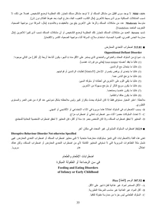35
‫ﺨﻔﻴﻑ‬Mild:‫ﻤﺸﺎﻜل‬ ‫ﺘﻭﺠﺩ‬ ‫ﻻ‬ ‫ﺃﻭ‬ ‫ﺍﻟﻤﺴﻠﻙ‬ ‫ﻤﺸﺎﻜل‬ ‫ﻤﻥ‬ ‫ﺍﻟﻘﻠﻴل‬ ‫ﺴﻭﻯ‬ ‫ﻴﻭﺠﺩ‬ ‫ﻻ‬‫ﺍﻟﺘﺸﺨﻴﺹ‬ ‫ﻟﻭﻀﻊ‬ ‫ﺍﻟﻤﻁﻠﻭﺒﺔ‬ ‫ﺘﻠﻙ‬ ‫ﺘﺘﺠﺎﻭﺯ‬ ‫ﻤﺴﻠﻙ‬.‫ﻻ‬ ،‫ﺫﻟﻙ‬ ‫ﻋﻥ‬ ‫ﹰ‬‫ﻼ‬‫ﻓﻀ‬
‫ﻟﻶﺨﺭﻴﻥ‬ ‫ﺒﺴﻴﻁ‬ ‫ﺃﺫﻯ‬ ‫ﺴﻭﻯ‬ ‫ﺍﻟﻤﺴﻠﻜﻴﺔ‬ ‫ﺍﻟﻤﺸﻜﻼﺕ‬ ‫ﺘﺴﺒﺏ‬)‫ﺇﺫﻥ‬ ‫ﺩﻭﻥ‬ ‫ﺍﻟﻅﻼﻡ‬ ‫ﻫﺒﻭﻁ‬ ‫ﺒﻌﺩ‬ ‫ﺍﻟﺒﻴﺕ‬ ‫ﺨﺎﺭﺝ‬ ‫ﺍﻟﺒﻘﺎﺀ‬ ،‫ﺍﻟﺘﻐﻴﺏ‬ ،‫ﺍﻟﻜﺫﺏ‬ ‫ﻤﺜل‬.(
‫ﻤﺘﻭﺴﻁ‬Moderate:‫ﺒﻴﻥ‬ ‫ﻴﻘﻊ‬ ‫ﺍﻵﺨﺭﻴﻥ‬ ‫ﻋﻠﻰ‬ ‫ﻭﺃﺜﺭﻫﺎ‬ ‫ﺍﻟﻤﺴﻠﻙ‬ ‫ﻤﺸﻜﻼﺕ‬ ‫ﻤﻥ‬ ‫ﻋﺩﺩ‬»‫ﺍﻟﺨﻔﻴﻑ‬«‫ﻭ‬»‫ﺍﻟﺸﺩﻴﺩ‬«)‫ﺍﻟﺴ‬ ،‫ﻤﺜل‬،‫ﺍﻟﻀﺤﻴﺔ‬ ‫ﻤﻭﺍﺠﻬﺔ‬ ‫ﺩﻭﻥ‬ ‫ﺭﻗﺔ‬
‫ﺍﻟﻤﺘﻌﻤﺩ‬ ‫ﺍﻟﺘﺨﺭﻴﺏ‬Vandalism.(
‫ﺸﺩﻴﺩ‬Severe:‫ﻟﻶﺨﺭﻴﻥ‬ ‫ﹰ‬‫ﺍ‬‫ﻜﺒﻴﺭ‬ ‫ﺃﺫﻯ‬ ‫ﺘﺴﺒﺏ‬ ‫ﺍﻟﻤﺴﻠﻙ‬ ‫ﻤﺸﻜﻼﺕ‬ ‫ﺃﻥ‬ ‫ﺃﻭ‬ ‫ﺍﻟﺘﺸﺨﻴﺹ‬ ‫ﻟﻭﻀﻊ‬ ‫ﺍﻟﻤﻁﻠﻭﺒﺔ‬ ‫ﺘﻠﻙ‬ ‫ﺘﺘﺠﺎﻭﺯ‬ ‫ﺍﻟﻤﺴﻠﻙ‬ ‫ﻤﺸﻜﻼﺕ‬ ‫ﻤﻥ‬ ‫ﺍﻟﻌﺩﻴﺩ‬)‫ﻤﺜل‬
‫ﻭ‬ ‫ﺍﻟﻜﺴﺭ‬ ،‫ﺍﻟﻀﺤﻴﺔ‬ ‫ﻤﻭﺍﺠﻬﺔ‬ ‫ﺃﺜﻨﺎﺀ‬ ‫ﺍﻟﺴﺭﻗﺔ‬ ،‫ﺴﻼﺡ‬ ‫ﺍﺴﺘﺨﺩﺍﻡ‬ ،‫ﺍﻟﺠﺴﺩﻴﺔ‬ ‫ﺍﻟﻘﺴﻭﺓ‬ ،‫ﺍﻟﻘﺴﺭﻱ‬ ‫ﺍﻟﺠﻨﺱ‬ ‫ﻤﻤﺎﺭﺴﺔ‬‫ﺍﻻﻗﺘﺤﺎﻡ‬.(
■313.81‫ﺍﻟﻤﻌﺎﺭﺽ‬ ‫ﺍﻟﺘﺤﺩﻱ‬ ‫ﺍﻀﻁﺭﺍﺏ‬
Oppositional Defiant Disorder
A-‫ﻤﺩﺓ‬ ‫ﺍﻷﻗل‬ ‫ﻋﻠﻰ‬ ‫ﻴﺴﺘﻤﺭ‬ ‫ﺍﻟﺫﻱ‬ ‫ﻭﺍﻟﻤﺘﺤﺩﻱ‬ ‫ﻭﺍﻟﻌﺩﻭﺍﻨﻲ‬ ‫ﺍﻟﻤﻌﺎﻨﺩ‬ ‫ﺍﻟﺴﻠﻭﻙ‬ ‫ﻤﻥ‬ ‫ﻨﻤﻭﺫﺝ‬6‫ﺃﺭﺒﻌﺔ‬ ‫ﺃﺜﻨﺎﺀﻫﺎ‬ ‫ﻴﻜﻭﻥ‬ ،‫ﺃﺸﻬﺭ‬)‫ﺃﻜﺜﺭ‬ ‫ﺃﻭ‬(‫ﹰ‬‫ﺍ‬‫ﻤﻭﺠﻭﺩ‬ ‫ﺍﻟﺘﺎﻟﻲ‬ ‫ﻤﻥ‬:
(1)‫ﺃﻋﺼﺎﺒﻪ‬ ‫ﻴﻔﻘﺩ‬ ‫ﻤﺎ‬ ‫ﹰ‬‫ﺎ‬‫ﻏﺎﻟﺒ‬loses temper)‫ﻓﻭﺭ‬ ‫ﻤﻥ‬ ‫ﻴﻌﺎﻨﻲ‬‫ﻏﻀﺏ‬ ‫ﺍﺕ‬.(
(2)‫ﺍﻟﺭﺍﺸﺩﻴﻥ‬ ‫ﻤﻊ‬ ‫ﻴﺘﺠﺎﺩل‬ ‫ﻤﺎ‬ ‫ﹰ‬‫ﺎ‬‫ﻏﺎﻟﺒ‬.
(3)‫ﺍﻹﺫﻋﺎﻥ‬ ‫ﺒﺈﺼﺭﺍﺭ‬ ‫ﻴﺭﻓﺽ‬ ‫ﺃﻭ‬ ‫ﻴﺘﺤﺩﻯ‬ ‫ﻤﺎ‬ ‫ﹰ‬‫ﺎ‬‫ﻏﺎﻟﺒ‬)‫ﺍﻻﺴﺘﺠﺎﺒﺔ‬(‫ﻗﻭﺍﻨﻴﻨﻬﻡ‬ ‫ﺃﻭ‬ ‫ﺍﻟﺭﺍﺸﺩﻴﻥ‬ ‫ﻟﻁﻠﺒﺎﺕ‬.
(4)‫ﹰ‬‫ﺍ‬‫ﻋﻤﺩ‬ ‫ﺍﻟﻨﺎﺱ‬ ‫ﻴﺯﻋﺞ‬ ‫ﻤﺎ‬ ‫ﹰ‬‫ﺎ‬‫ﻏﺎﻟﺒ‬.
(5)‫ﺍﻟﺴﻴﺊ‬ ‫ﺴﻠﻭﻜﻪ‬ ‫ﺃﻭ‬ ‫ﺃﺨﻁﺎﺌﻪ‬ ‫ﻓﻲ‬ ‫ﺍﻵﺨﺭﻴﻥ‬ ‫ﻋﻠﻰ‬ ‫ﺍﻟﻠﻭﻡ‬ ‫ﻴﻠﻘﻲ‬ ‫ﻤﺎ‬ ‫ﹰ‬‫ﺎ‬‫ﻏﺎﻟﺒ‬.
(6)‫ﺃﻭ‬ ‫ﺍﻟﺘﺄﺜﺭ‬ ‫ﺴﺭﻴﻊ‬ ‫ﻴﻜﻭﻥ‬ ‫ﻤﺎ‬ ‫ﹰ‬‫ﺎ‬‫ﻏﺎﻟﺒ‬‫ﺍﻵﺨﺭﻴﻥ‬ ‫ﻤﻥ‬ ‫ﺒﺴﻬﻭﻟﺔ‬ ‫ﻴﻨﺯﻋﺞ‬.
(7)‫ﹰ‬‫ﺎ‬‫ﻭﻤﻤﺘﻌﻀ‬ ‫ﹰ‬‫ﺎ‬‫ﻏﺎﻀﺒ‬ ‫ﻴﻜﻭﻥ‬ ‫ﻤﺎ‬ ‫ﹰ‬‫ﺎ‬‫ﻏﺎﻟﺒ‬.
(8)‫ﹰ‬‫ﺎ‬‫ﻭﺍﻨﺘﻘﺎﻤﻴ‬ ‫ﹰ‬‫ﺍ‬‫ﺤﺎﻗﺩ‬ ‫ﻴﻜﻭﻥ‬ ‫ﻤﺎ‬ ‫ﹰ‬‫ﺎ‬‫ﻏﺎﻟﺒ‬.
‫ﻤﻼﺤﻅﺔ‬:‫ﻭﺍﻟﻤﺴﺘﻭﻯ‬ ‫ﺍﻟﻌﻤﺭ‬ ‫ﻨﻔﺱ‬ ‫ﻤﻥ‬ ‫ﺃﻓﺭﺍﺩ‬ ‫ﻋﻨﺩ‬ ‫ﻨﻤﻭﺫﺠﻲ‬ ‫ﺒﺸﻜل‬ ‫ﻤﻼﺤﻅﺘﻪ‬ ‫ﻭﻟﻴﺱ‬ ‫ﻜﺒﻴﺭ‬ ‫ﺒﺘﻜﺭﺍﺭ‬ ‫ﻴﺤﺩﺙ‬ ‫ﺍﻟﺴﻠﻭﻙ‬ ‫ﻜﺎﻥ‬ ‫ﺇﺫﺍ‬ ‫ﻓﻘﻁ‬ ‫ﻤﺴﺘﻭﻓﻰ‬ ‫ﺍﻟﻤﻌﻴﺎﺭ‬ ‫ﺍﻋﺘﺒﺭ‬
‫ﺍﻟﺘﻁﻭﺭﻱ‬.
B-‫ﺍﻟﺴﻠﻭﻙ‬ ‫ﻓﻲ‬ ‫ﺍﻻﻀﻁﺭﺍﺏ‬ ‫ﻴﺴﺒﺏ‬‫ﺍﻟﻤﻬﻨﻲ‬ ‫ﺃﻭ‬ ‫ﺍﻷﻜﺎﺩﻴﻤﻲ‬ ‫ﺃﻭ‬ ‫ﺍﻻﺠﺘﻤﺎﻋﻲ‬ ‫ﺍﻷﺩﺍﺀ‬ ‫ﻓﻲ‬ ‫ﹰ‬‫ﺎ‬‫ﺴﺭﻴﺭﻴ‬ ‫ﹰ‬‫ﺎ‬‫ﻫﺎﻤ‬ ‫ﹰ‬‫ﻻ‬‫ﺍﺨﺘﻼ‬.
C-‫ﻤﺯﺍﺝ‬ ‫ﺍﻀﻁﺭﺍﺏ‬ ‫ﺃﻭ‬ ‫ﺫﻫﺎﻨﻲ‬ ‫ﺍﻀﻁﺭﺍﺏ‬ ‫ﺴﻴﺭ‬ ‫ﺃﺜﻨﺎﺀ‬ ‫ﹰ‬‫ﺍ‬‫ﺤﺼﺭ‬ ‫ﺍﻟﺴﻠﻭﻜﺎﺕ‬ ‫ﺘﺤﺩﺙ‬ ‫ﻻ‬.
D-‫ﺒﻌﻤﺭ‬ ‫ﺍﻟﺸﺨﺹ‬ ‫ﻜﺎﻥ‬ ‫ﻭﺇﺫﺍ‬ ،‫ﺍﻟﻤﺴﻠﻙ‬ ‫ﺍﻀﻁﺭﺍﺏ‬ ‫ﺘﺤﻘﻕ‬ ‫ﻻ‬ ‫ﺍﻟﻤﻌﺎﻴﻴﺭ‬18‫ﻟﻠﻤﺠﺘﻤﻊ‬ ‫ﺍﻟﻤﻌﺎﺩﻴﺔ‬ ‫ﺍﻟﺸﺨﺼﻴﺔ‬ ‫ﺍﻀﻁﺭﺍﺏ‬ ‫ﺘﺤﻘﻕ‬ ‫ﻻ‬ ‫ﺍﻟﻤﻌﺎﻴﻴﺭ‬ ‫ﻓﺈﻥ‬ ،‫ﺃﻜﺜﺭ‬ ‫ﺃﻭ‬ ‫ﺴﻨﺔ‬.
■312.9‫ﺁﺨﺭ‬ ‫ﻤﻜﺎﻥ‬ ‫ﻓﻲ‬ ‫ﺍﻟﻤﺤﺩﺩ‬ ‫ﻏﻴﺭ‬ ‫ﺍﻟﻤﺸﻭﺵ‬ ‫ﺍﻟﺴﻠﻭﻙ‬ ‫ﺍﻀﻁﺭﺍﺏ‬
Disruptive Behaviour Disorder Not otherwise Specified
‫ﺍﻟﻤﻌﺎﺭﺽ‬ ‫ﺍﻟﺘﺤﺩﻱ‬ ‫ﺍﻀﻁﺭﺍﺏ‬ ‫ﺃﻭ‬ ‫ﺍﻟﻤﺴﻠﻙ‬ ‫ﺍﻀﻁﺭﺍﺏ‬ ‫ﻤﻌﺎﻴﻴﺭ‬ ‫ﺘﻠﺒﻲ‬ ‫ﻻ‬ ‫ﻤﺘﺤﺩﻴﺔ‬ ‫ﻤﻌﺎﺭﻀﺔ‬ ‫ﺒﺴﻠﻭﻜﻴﺎﺕ‬ ‫ﺘﺘﻤﻴﺯ‬ ‫ﺍﻟﺘﻲ‬ ‫ﺒﺎﻻﻀﻁﺭﺍﺒﺎﺕ‬ ‫ﺍﻟﻔﺌﺔ‬ ‫ﻫﺫﻩ‬ ‫ﺘﻌﻨﻰ‬.‫ﻓﻬﻲ‬
‫ﺍﻟﺴﺭﻴ‬ ‫ﺍﻟﺘﻅﺎﻫﺭﺍﺕ‬ ‫ﹰ‬‫ﻼ‬‫ﻤﺜ‬ ‫ﺘﺸﻤل‬‫ﻫﻨﺎﻙ‬ ‫ﻭﻟﻜﻥ‬ ،‫ﺍﻟﻤﺴﻠﻙ‬ ‫ﺍﻀﻁﺭﺍﺏ‬ ‫ﺃﻭ‬ ‫ﺍﻟﻤﻌﺎﺭﺽ‬ ‫ﺍﻟﺘﺤﺩﻱ‬ ‫ﺍﻀﻁﺭﺍﺏ‬ ‫ﻤﻥ‬ ‫ﻷﻱ‬ ‫ﺍﻟﻜﺎﻤﻠﺔ‬ ‫ﺍﻟﻤﻌﺎﻴﻴﺭ‬ ‫ﺘﺴﺘﻭﻓﻲ‬ ‫ﻻ‬ ‫ﺍﻟﺘﻲ‬ ‫ﺭﻴﺔ‬
‫ﹰ‬‫ﺎ‬‫ﺴﺭﻴﺭﻴ‬ ‫ﻫﺎﻡ‬ ‫ﺍﺨﺘﻼل‬.
‫ﻭﺍﻟﻁﻌﺎﻡ‬ ‫ﺍﻹﻁﻌﺎﻡ‬ ‫ﺍﻀﻁﺭﺍﺒﺎﺕ‬
‫ﺍﻟﻤﺒﻜﺭﺓ‬ ‫ﺍﻟﻁﻔﻭﻟﺔ‬ ‫ﺃﻭ‬ ‫ﺍﻟﺭﻀﺎﻋﺔ‬ ‫ﺴﻥ‬ ‫ﻓﻲ‬
Feeding and Eating Disorders
of Infancy or Early Childhood
■307.52‫ﺍﻟﻭﺤﻡ‬)‫ﺍﻟﻘﻁﺎ‬(Pica
A-‫ﺍﻷﻗل‬ ‫ﻋﻠﻰ‬ ‫ﺸﻬﺭ‬ ‫ﻟﻔﺘﺭﺓ‬ ‫ﻏﺫﺍﺌﻴﺔ‬ ‫ﻏﻴﺭ‬ ‫ﻟﻤﻭﺍﺩ‬ ‫ﺍﻟﻤﺴﺘﻤﺭ‬ ‫ﺍﻷﻜل‬.
B-‫ﺍﻟﺘﻁﻭﺭﻴﺔ‬ ‫ﻟﻠﻤﺭﺤﻠﺔ‬ ‫ﻤﻨﺎﺴﺏ‬ ‫ﻏﻴﺭ‬ ‫ﺍﻟﻐﺫﺍﺌﻴﺔ‬ ‫ﻏﻴﺭ‬ ‫ﺍﻟﻤﻭﺍﺩ‬ ‫ﺃﻜل‬.
C-‫ﹰ‬‫ﺎ‬‫ﺜﻘﺎﻓﻴ‬ ‫ﻤﻘﺒﻭﻟﺔ‬ ‫ﻤﻤﺎﺭﺴﺔ‬ ‫ﻤﻥ‬ ‫ﹰ‬‫ﺍ‬‫ﺠﺯﺀ‬ ‫ﻟﻴﺱ‬ ‫ﺍﻟﻁﻌﺎﻤﻲ‬ ‫ﺍﻟﺴﻠﻭﻙ‬.
 