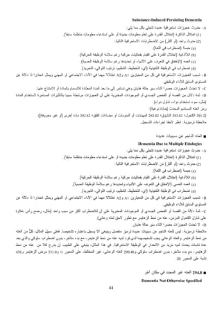 44
Substance-Induced Persisting Dementia
A-‫ﻴﻠﻲ‬ ‫ﻤﻤﺎ‬ ‫ﺒﻜل‬ ‫ﺘﺘﺠﻠﻰ‬ ‫ﻋﺩﻴﺩﺓ‬ ‫ﺍﺴﺘﻌﺭﺍﻓﻴﺔ‬ ‫ﻋﺠﻭﺯﺍﺕ‬ ‫ﺤﺩﻭﺙ‬:
(1)‫ﺍﺨﺘﻼ‬‫ﺍﻟﺫﺍﻜﺭﺓ‬ ‫ل‬)‫ﹰ‬‫ﺎ‬‫ﺴﺎﺒﻘ‬ ‫ﱠﻤﺔ‬‫ﻠ‬‫ﺘﻌ‬‫ﻤ‬ ‫ﻤﻌﻠﻭﻤﺎﺕ‬ ‫ﺍﺴﺘﺩﻋﺎﺀ‬ ‫ﻋﻠﻰ‬ ‫ﺃﻭ‬ ‫ﺠﺩﻴﺩﺓ‬ ‫ﻤﻌﻠﻭﻤﺎﺕ‬ ‫ﹼﻡ‬‫ﻠ‬‫ﺘﻌ‬ ‫ﻋﻠﻰ‬ ‫ﺍﻟﻘﺩﺭﺓ‬ ‫ﺍﺨﺘﻼل‬.(
(2)‫ﻭﺍﺤﺩ‬ ‫ﺤﺩﻭﺙ‬)‫ﺃﻜﺜﺭ‬ ‫ﺃﻭ‬(‫ﺍﻟﺘﺎﻟﻴﺔ‬ ‫ﺍﻻﺴﺘﻌﺭﺍﻓﻴﺔ‬ ‫ﺍﻻﻀﻁﺭﺍﺒﺎﺕ‬ ‫ﻤﻥ‬:
(a)‫ﺒﺴﺔ‬‫ﺤ‬)‫ﺍﻟﻠﻐﺔ‬ ‫ﻓﻲ‬ ‫ﺍﻀﻁﺭﺍﺏ‬.(
(b)‫ﺍﻟﻼﺃﺩﺍﺌﻴﺔ‬)‫ﺍﻟ‬ ‫ﺍﻟﻭﻅﻴﻔﺔ‬ ‫ﺴﻼﻤﺔ‬ ‫ﺭﻏﻡ‬ ‫ﺤﺭﻜﻴﺔ‬ ‫ﺒﻔﻌﺎﻟﻴﺎﺕ‬ ‫ﺍﻟﻘﻴﺎﻡ‬ ‫ﻋﻠﻰ‬ ‫ﺍﻟﻘﺩﺭﺓ‬ ‫ﺍﺨﺘﻼل‬‫ﺤﺭﻜﻴﺔ‬.(
(c)‫ﻤﻪ‬‫ﻌ‬‫ﺍﻟ‬)‫ﺍﻟﺤﺴﻴﺔ‬ ‫ﺍﻟﻭﻅﻴﻔﺔ‬ ‫ﺴﻼﻤﺔ‬ ‫ﺭﻏﻡ‬ ‫ﺘﺤﺩﻴﺩﻫﺎ‬ ‫ﺃﻭ‬ ‫ﺍﻷﺸﻴﺎﺀ‬ ‫ﻋﻠﻰ‬ ‫ﺍﻟﺘﻌﺭﻑ‬ ‫ﻓﻲ‬ ‫ﺍﻹﺨﻔﺎﻕ‬.(
(d)‫ﺍﻟﺘﻨﻔﻴﺫﻴﺔ‬ ‫ﺍﻟﻭﻅﻴﻔﺔ‬ ‫ﻓﻲ‬ ‫ﺍﻀﻁﺭﺍﺏ‬)‫ﺍﻟﺘﺠﺭﻴﺩ‬ ،‫ﺍﻟﺘﻭﺍﻟﻲ‬ ‫ﺘﺭﺘﻴﺏ‬ ،‫ﺍﻟﺘﻨﻅﻴﻡ‬ ،‫ﺍﻟﺘﺨﻁﻴﻁ‬ ،‫ﺃﻱ‬.(
B-‫ﺍﻟﻤﻌﻴﺎﺭﻴﻥ‬ ‫ﻤﻥ‬ ‫ﻜل‬ ‫ﻓﻲ‬ ‫ﺍﻻﺴﺘﻌﺭﺍﻓﻴﺔ‬ ‫ﺍﻟﻌﺠﻭﺯﺍﺕ‬ ‫ﺘﺴﺒﺏ‬A1‫ﻭ‬A2‫ﺍﻻﺠﺘﻤﺎﻋ‬ ‫ﺍﻷﺩﺍﺀ‬ ‫ﻓﻲ‬ ‫ﹰ‬‫ﺎ‬‫ﻤﻬﻤ‬ ‫ﹰ‬‫ﻻ‬‫ﺍﺨﺘﻼ‬‫ﻋﻥ‬ ‫ﺩﻻﻟﺔ‬ ‫ﺫﺍ‬ ‫ﹰ‬‫ﺍ‬‫ﺍﻨﺤﺩﺍﺭ‬ ‫ﻭﻴﻤﺜل‬ ‫ﺍﻟﻤﻬﻨﻲ‬ ‫ﺃﻭ‬ ‫ﻲ‬
‫ﺍﻟﻭﻅﻴﻔﻲ‬ ‫ﻟﻸﺩﺍﺀ‬ ‫ﺍﻟﺴﺎﺒﻕ‬ ‫ﺍﻟﻤﺴﺘﻭﻯ‬.
C-‫ﻋﻨﻬﺎ‬ ‫ﺍﻻﻤﺘﻨﺎﻉ‬ ‫ﺃﻭ‬ ‫ﺒﺎﻟﻤﺎﺩﺓ‬ ‫ﻟﻼﻨﺴﻤﺎﻡ‬ ‫ﺍﻟﻤﻌﺘﺎﺩﺓ‬ ‫ﺍﻟﻤﺩﺓ‬ ‫ﺒﻌﺩ‬ ‫ﻤﺎ‬ ‫ﺇﻟﻰ‬ ‫ﺘﺴﺘﻤﺭ‬ ‫ﻭﻫﻲ‬ ‫ﻫﺫﻴﺎﻥ‬ ‫ﺤﺎﻟﺔ‬ ‫ﺴﻴﺭ‬ ‫ﺃﺜﻨﺎﺀ‬ ‫ﹰ‬‫ﺍ‬‫ﺤﺼﺭ‬ ‫ﺍﻟﻌﺠﻭﺯﺍﺕ‬ ‫ﺘﺤﺩﺙ‬ ‫ﻻ‬.
D-‫ﺍ‬ ‫ﺃﻥ‬ ‫ﻋﻠﻰ‬ ‫ﺍﻟﻤﺨﺒﺭﻴﺔ‬ ‫ﺍﻟﻤﻭﺠﻭﺩﺍﺕ‬ ‫ﺃﻭ‬ ‫ﺍﻟﺠﺴﺩﻱ‬ ‫ﺍﻟﻔﺤﺹ‬ ‫ﺃﻭ‬ ‫ﺍﻟﻘﺼﺔ‬ ‫ﻤﻥ‬ ‫ﺩﻻﺌل‬ ‫ﺜﻤﺔ‬‫ﺍﻟﻤﺎﺩﺓ‬ ‫ﻻﺴﺘﺨﺩﺍﻡ‬ ‫ﺍﻟﻤﺴﺘﻤﺭﺓ‬ ‫ﺒﺎﻟﺘﺄﺜﻴﺭﺍﺕ‬ ‫ﹰ‬‫ﺎ‬‫ﺴﺒﺒﻴ‬ ‫ﻤﺭﺘﺒﻁﺔ‬ ‫ﻟﻌﺠﻭﺯﺍﺕ‬
)‫ﺩﻭﺍﺀ‬ ‫ﺘﻨﺎﻭل‬ ،‫ﺩﻭﺍﺀ‬ ‫ﺍﺴﺘﺨﺩﺍﻡ‬ ‫ﺴﻭﺀ‬ ،‫ﻤﺜل‬.(
‫ﺍﻟﻤﺤﺩﺙ‬ ‫ﺍﻟﻤﺴﺘﺩﻴﻡ‬ ‫ﺍﻟﻌﺘﻪ‬ ‫ﺯ‬‫ﻤ‬‫ﺭ‬]‫ﻨﻭﻋﻴﺔ‬ ‫ﺒﻤﺎﺩﺓ‬:[
)291.2‫ﺍﻟﻜﺤﻭل؛‬292.82‫ﺍﻟﻨﺸﻭﻕ؛‬292.82‫ﺍﻟﻘﻠﻕ؛‬ ‫ﻤﻀﺎﺩﺍﺕ‬ ‫ﺃﻭ‬ ‫ﺍﻟﻤﻨﻭﻤﺎﺕ‬ ‫ﺃﻭ‬ ‫ﺍﻟﻤﻬﺩﺌﺎﺕ‬292.82‫ﺃﺨﺭﻯ‬ ‫ﻤﺎﺩﺓ‬]‫ﻤﻌﺭﻭﻓﺔ‬ ‫ﻏﻴﺭ‬ ‫ﺃﻭ‬.([
‫ﺘﺭ‬ ‫ﻤﻼﺤﻅﺔ‬‫ﻤﻴﺯﻴﺔ‬:‫ﺍﻟﺘﺴﺠﻴل‬ ‫ﺇﺠﺭﺍﺀﺍﺕ‬ ‫ﹰ‬‫ﺎ‬‫ﻻﺤﻘ‬ ‫ﺍﻨﻅﺭ‬.
■‫ﻋﺩﻴﺩﺓ‬ ‫ﺴﺒﺒﻴﺎﺕ‬ ‫ﻋﻥ‬ ‫ﺍﻟﻨﺎﺠﻡ‬ ‫ﺍﻟﻌﺘﻪ‬
Dementia Due to Multiple Etiologies
A-‫ﻴﻠﻲ‬ ‫ﻤﻤﺎ‬ ‫ﺒﻜل‬ ‫ﺘﺘﺠﻠﻰ‬ ‫ﻋﺩﻴﺩﺓ‬ ‫ﺍﺴﺘﻌﺭﺍﻓﻴﺔ‬ ‫ﻋﺠﻭﺯﺍﺕ‬ ‫ﺤﺩﻭﺙ‬:
(1)‫ﺍﻟﺫﺍﻜﺭﺓ‬ ‫ﺍﺨﺘﻼل‬)‫ﹰ‬‫ﺎ‬‫ﺴﺎﺒﻘ‬ ‫ﱠﻤﺔ‬‫ﻠ‬‫ﺘﻌ‬‫ﻤ‬ ‫ﻤﻌﻠﻭﻤﺎﺕ‬ ‫ﺍﺴﺘﺩﻋﺎﺀ‬ ‫ﻋﻠﻰ‬ ‫ﺃﻭ‬ ‫ﺠﺩﻴﺩﺓ‬ ‫ﻤﻌﻠﻭﻤﺎﺕ‬ ‫ﹼﻡ‬‫ﻠ‬‫ﺘﻌ‬ ‫ﻋﻠﻰ‬ ‫ﺍﻟﻘﺩﺭﺓ‬ ‫ﺍﺨﺘﻼل‬(.
(2)‫ﻭﺍﺤﺩ‬ ‫ﺤﺩﻭﺙ‬)‫ﺃﻜﺜﺭ‬ ‫ﺃﻭ‬(‫ﺍﻟﺘﺎﻟﻴﺔ‬ ‫ﺍﻻﺴﺘﻌﺭﺍﻓﻴﺔ‬ ‫ﺍﻻﻀﻁﺭﺍﺒﺎﺕ‬ ‫ﻤﻥ‬:
(a)‫ﺒﺴﺔ‬‫ﺤ‬)‫ﺍﻟﻠﻐﺔ‬ ‫ﻓﻲ‬ ‫ﺍﻀﻁﺭﺍﺏ‬.(
(b)‫ﺍﻟﻼﺃﺩﺍﺌﻴﺔ‬)‫ﺍﻟﺤﺭﻜﻴﺔ‬ ‫ﺍﻟﻭﻅﻴﻔﺔ‬ ‫ﺴﻼﻤﺔ‬ ‫ﺭﻏﻡ‬ ‫ﺤﺭﻜﻴﺔ‬ ‫ﺒﻔﻌﺎﻟﻴﺎﺕ‬ ‫ﺍﻟﻘﻴﺎﻡ‬ ‫ﻋﻠﻰ‬ ‫ﺍﻟﻘﺩﺭﺓ‬ ‫ﺍﺨﺘﻼل‬.(
(c)‫ﻤﻪ‬‫ﻌ‬‫ﺍﻟ‬‫ﺍﻟﺤﺴﻲ‬)‫ﺍﻟﺤﺴﻴﺔ‬ ‫ﺍﻟﻭﻅﻴﻔﺔ‬ ‫ﺴﻼﻤﺔ‬ ‫ﺭﻏﻡ‬ ‫ﻭﺘﺤﺩﻴﺩﻫﺎ‬ ‫ﺍﻷﺸﻴﺎﺀ‬ ‫ﻋﻠﻰ‬ ‫ﺍﻟﺘﻌﺭﻑ‬ ‫ﻓﻲ‬ ‫ﺍﻹﺨﻔﺎﻕ‬(.
(d)‫ﺍﻟﺘﻨﻔﻴﺫﻴﺔ‬ ‫ﺍﻟﻭﻅﻴﻔﺔ‬ ‫ﻓﻲ‬ ‫ﺍﻀﻁﺭﺍﺏ‬)‫ﺍﻟﺘﺠﺭﻴﺩ‬ ،‫ﺍﻟﺘﻭﺍﻟﻲ‬ ‫ﺘﺭﺘﻴﺏ‬ ،‫ﺍﻟﺘﻨﻅﻴﻡ‬ ،‫ﺍﻟﺘﺨﻁﻴﻁ‬ ،‫ﺃﻱ‬.(
B-‫ﺍﻟﻤﻌﻴﺎﺭﻴﻥ‬ ‫ﻤﻥ‬ ‫ﻜل‬ ‫ﻓﻲ‬ ‫ﺍﻻﺴﺘﻌﺭﺍﻓﻴﺔ‬ ‫ﺍﻟﻌﺠﻭﺯﺍﺕ‬ ‫ﺘﺴﺒﺏ‬A1‫ﻭ‬A2‫ﻋﻥ‬ ‫ﺩﻻﻟﺔ‬ ‫ﺫﺍ‬ ‫ﹰ‬‫ﺍ‬‫ﺍﻨﺤﺩﺍﺭ‬ ‫ﻭﻴﻤﺜل‬ ‫ﺍﻟﻤﻬﻨﻲ‬ ‫ﺃﻭ‬ ‫ﺍﻻﺠﺘﻤﺎﻋﻲ‬ ‫ﺍﻷﺩﺍﺀ‬ ‫ﻓﻲ‬ ‫ﹰ‬‫ﺎ‬‫ﻤﻬﻤ‬ ‫ﹰ‬‫ﻻ‬‫ﺍﺨﺘﻼ‬
‫ﺍﻟﻭﻅﻴﻔﻲ‬ ‫ﻟﻸﺩﺍﺀ‬ ‫ﺍﻟﺴﺎﺒﻕ‬ ‫ﺍﻟﻤﺴﺘﻭﻯ‬.
C-‫ﻤﻥ‬ ‫ﺩﻻﻟﺔ‬ ‫ﺜﻤﺔ‬‫ﻭﺍﺤﺩ‬ ‫ﺴﺒﺏ‬ ‫ﻤﻥ‬ ‫ﺃﻜﺜﺭ‬ ‫ﻟﻼﻀﻁﺭﺍﺏ‬ ‫ﺃﻥ‬ ‫ﻋﻠﻰ‬ ‫ﺍﻟﻤﺨﺒﺭﻴﺔ‬ ‫ﺍﻟﻤﻭﺠﻭﺩﺍﺕ‬ ‫ﺃﻭ‬ ‫ﺍﻟﺠﺴﺩﻱ‬ ‫ﺍﻟﻔﺤﺹ‬ ‫ﺃﻭ‬ ‫ﺍﻟﻘﺼﺔ‬)‫ﻋﻼﻭﺓ‬ ‫ﺭﺃﺱ‬ ‫ﺭﻀﺢ‬ ،‫ﻤﺜﺎل‬
‫ﻭﻋﺎﺌﻲ‬ ‫ﻟﻌﺘﻪ‬ ‫ﻻﺤﻕ‬ ‫ﺘﻁﻭﺭ‬ ‫ﻤﻊ‬ ‫ﺃﻟﺯﻫﺎﻴﻤﺭ‬ ‫ﻨﻤﻁ‬ ‫ﻤﻥ‬ ‫ﻋﺘﻪ‬ ،‫ﺍﻟﻤﺯﻤﻥ‬ ‫ﺍﻟﻜﺤﻭل‬ ‫ﺘﻨﺎﻭل‬ ‫ﻋﻠﻰ‬.(
D-‫ﻫﺫﻴﺎﻥ‬ ‫ﺤﺎﻟﺔ‬ ‫ﺴﻴﺭ‬ ‫ﺃﺜﻨﺎﺀ‬ ‫ﹰ‬‫ﺍ‬‫ﺤﺼﺭ‬ ‫ﺍﻟﻌﺠﻭﺯﺍﺕ‬ ‫ﺘﺤﺩﺙ‬ ‫ﻻ‬.
‫ﺘﺭﻤﻴﺯﻴﺔ‬ ‫ﻤﻼﺤﻅﺔ‬:‫ﺴﺒﺒ‬ ‫ﻋﻥ‬ ‫ﺍﻟﻨﺎﺠﻡ‬ ‫ﻟﻠﻌﺘﻪ‬ ‫ﻟﻴﺱ‬‫ﹰ‬‫ﺎ‬‫ﺘﺸﺨﻴﺼ‬ ‫ﺒﺎﻋﺘﺒﺎﺭﻩ‬ ‫ل‬‫ﺠ‬‫ﺴ‬‫ﻴ‬ ‫ﺃﻻ‬ ‫ﻭﻴﻨﺒﻐﻲ‬ ‫ﻤﻨﻔﺼل‬ ‫ﺘﺭﻤﻴﺯ‬ ‫ﻋﺩﻴﺩﺓ‬ ‫ﻴﺎﺕ‬.‫ﺍﻟﻌﺘﻪ‬ ‫ﻤﻥ‬ ‫ﱞ‬‫ل‬‫ﻜ‬ ،‫ﺍﻟﻤﺜﺎل‬ ‫ﺴﺒﻴل‬ ‫ﻓﻌﻠﻰ‬
‫ﺒﻌﺩ‬ ‫ﻭﺍﻟﺫﻱ‬ ‫ﺴﻠﻭﻜﻲ‬ ‫ﺍﻀﻁﺭﺍﺏ‬ ‫ﺒﺩﻭﻥ‬ ،‫ﻤﺘﺄﺨﺭ‬ ‫ﺒﺩﺀ‬ ‫ﻤﻊ‬ ،‫ﺃﻟﺯﻫﺎﻴﻤﺭ‬ ‫ﻨﻤﻁ‬ ‫ﻤﻥ‬ ‫ﻋﺘﻪ‬ ‫ﻟﺩﻴﻪ‬ ‫ﻓﺭﺩ‬ ‫ﻟﺩﻯ‬ ‫ﺘﺸﺨﻴﺼﻬﻤﺎ‬ ‫ﻴﺠﺏ‬ ‫ﺍﻟﻭﻋﺎﺌﻲ‬ ‫ﻭﺍﻟﻌﺘﻪ‬ ‫ﺃﻟﺯﻫﺎﻴﻤﺭ‬ ‫ﻨﻤﻁ‬ ‫ﻤﻥ‬
‫ﺍﻟﻭﻅﻴ‬ ‫ﻓﻲ‬ ‫ﺍﻻﻨﺤﺩﺍﺭ‬ ‫ﻤﻥ‬ ‫ﻤﺯﻴﺩ‬ ‫ﻟﺩﻴﻪ‬ ‫ﻴﺤﺩﺙ‬ ‫ﻨﺸﺒﺎﺕ‬ ‫ﻋﺩﺓ‬‫ﺍﻻﺴﺘﻌﺭﺍﻓﻴﺔ‬ ‫ﻔﺔ‬.‫ﻤﻥ‬ ‫ﹰ‬‫ﻼ‬‫ﻜ‬ ‫ﻴﺩﺭﺝ‬ ‫ﺃﻥ‬ ‫ﺍﻟﻁﺒﻴﺏ‬ ‫ﻋﻠﻰ‬ ‫ﻴﻨﺒﻐﻲ‬ ،‫ﺍﻟﻤﺜﺎل‬ ‫ﻫﺫﺍ‬ ‫ﻓﻲ‬‫ﻨﻤﻁ‬ ‫ﻤﻥ‬ ‫ﻋﺘﻪ‬
‫ﻭ‬ ‫ﺴﻠﻭﻜﻲ‬ ‫ﺍﻀﻁﺭﺍﺏ‬ ‫ﺒﺩﻭﻥ‬ ،‫ﻤﺘﺄﺨﺭ‬ ‫ﺒﺩﺀ‬ ‫ﻤﻊ‬ ،‫ﺃﻟﺯﻫﺎﻴﻤﺭ‬290.40‫ﺍﻟﻤﺤﻭﺭ‬ ‫ﻋﻠﻰ‬ ،‫ﺍﻟﻤﺨﺘﻠﻁ‬ ‫ﻏﻴﺭ‬ ،‫ﺍﻟﻭﻋﺎﺌﻲ‬ ‫ﺍﻟﻌﺘﻪ‬I‫ﻭ‬ ،331.0‫ﻭ‬ ‫ﺃﻟﺯﻫﺎﻴﻤﺭ‬ ‫ﻤﺭﺽ‬436
‫ﺍﻟﻤﺤﻭﺭ‬ ‫ﻋﻠﻰ‬ ‫ﻨﺸﺒﺔ‬III.
■294.8‫ﺁﺨﺭ‬ ‫ﻤﻜﺎﻥ‬ ‫ﻓﻲ‬ ‫ﺍﻟﻤﺤﺩﺩ‬ ‫ﻏﻴﺭ‬ ‫ﺍﻟﻌﺘﻪ‬
Dementia Not Otherwise Specified
 